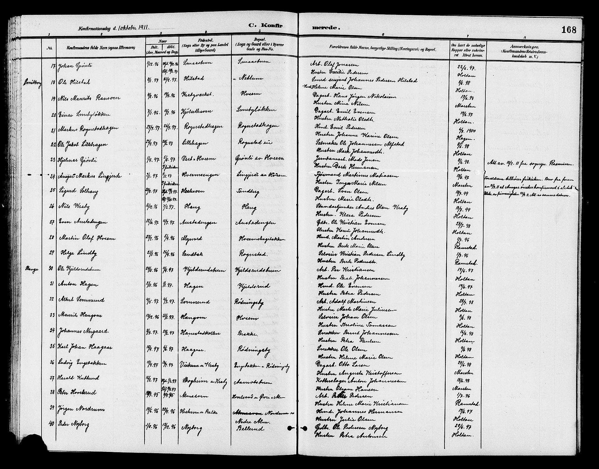 Østre Toten prestekontor, AV/SAH-PREST-104/H/Ha/Hab/L0007: Parish register (copy) no. 7, 1901-1912, p. 168