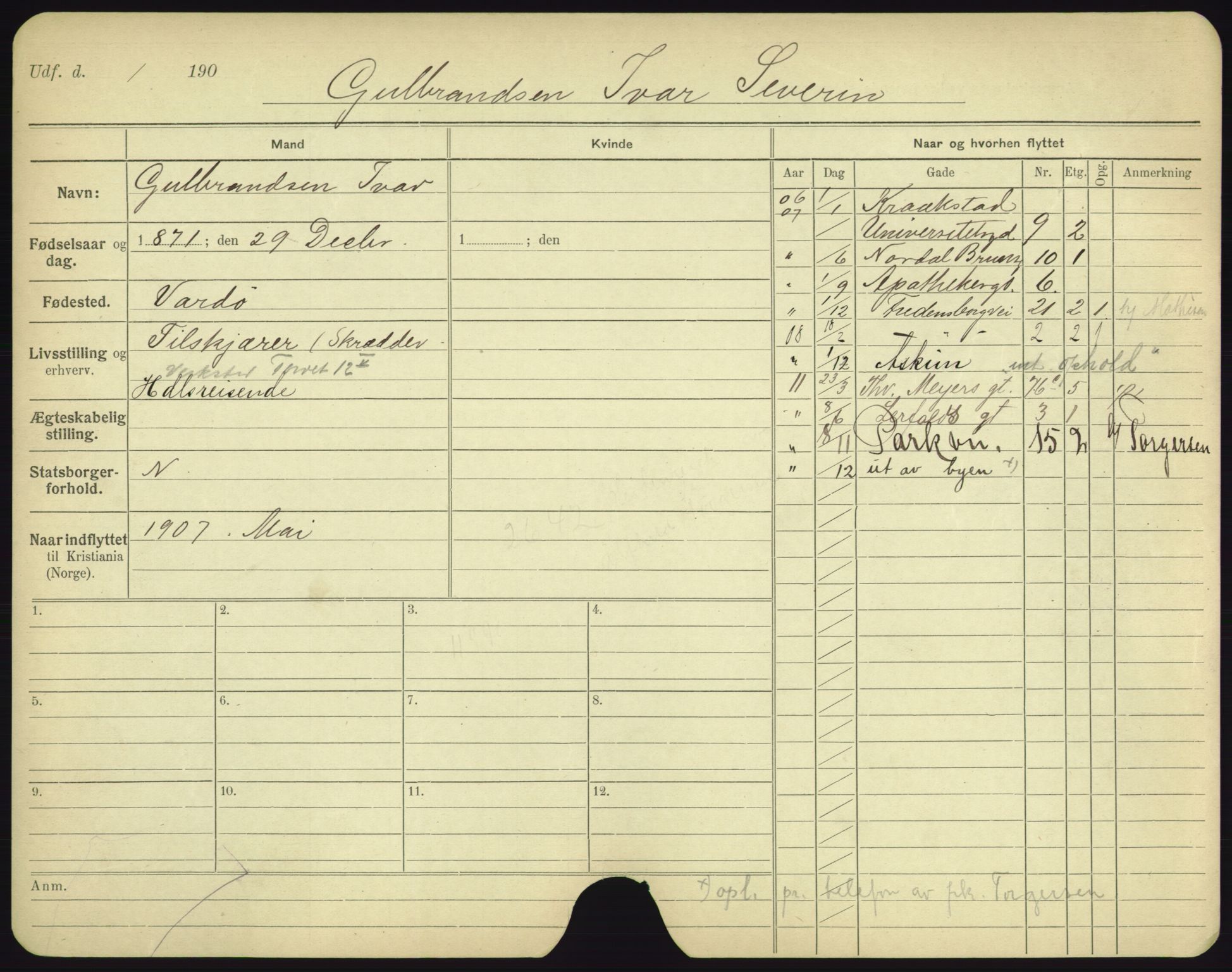 Oslo folkeregister, Registerkort, AV/SAO-A-11715/F/Fa/Fac/L0003: Menn, 1906-1914, p. 730a