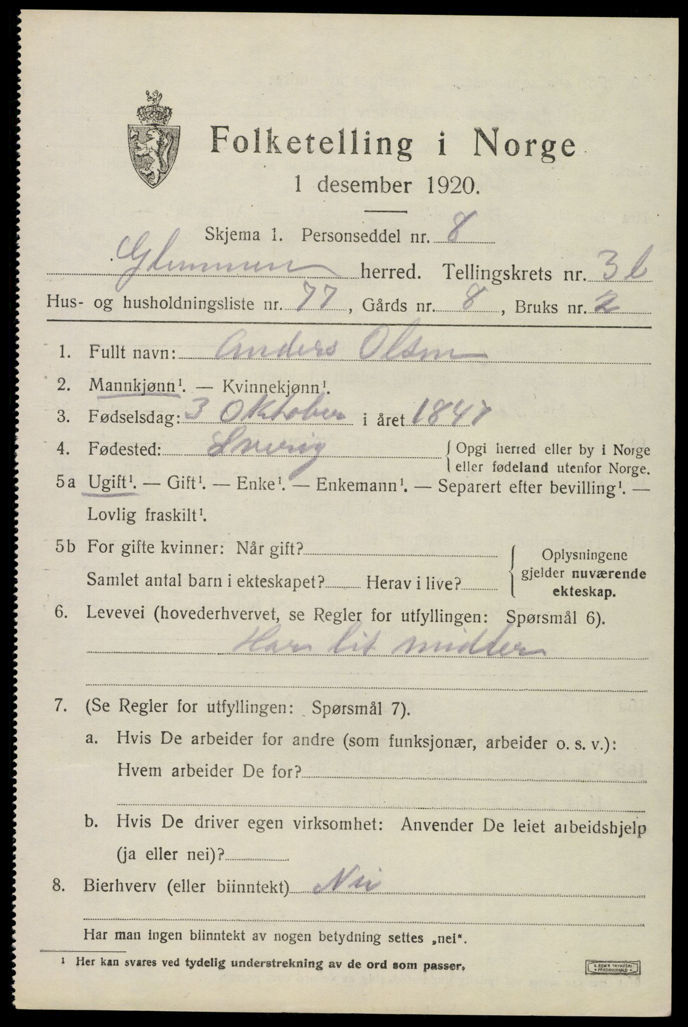 SAO, 1920 census for Glemmen, 1920, p. 10463