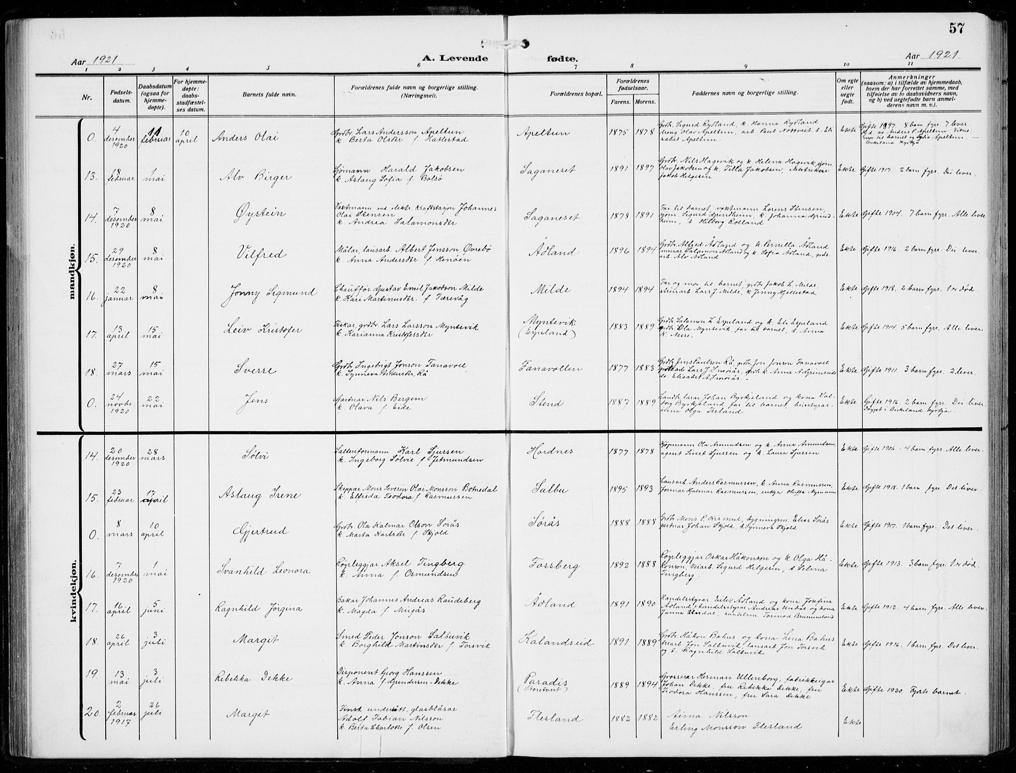 Fana Sokneprestembete, AV/SAB-A-75101/H/Hab/Haba/L0005: Parish register (copy) no. A 5, 1911-1932, p. 57