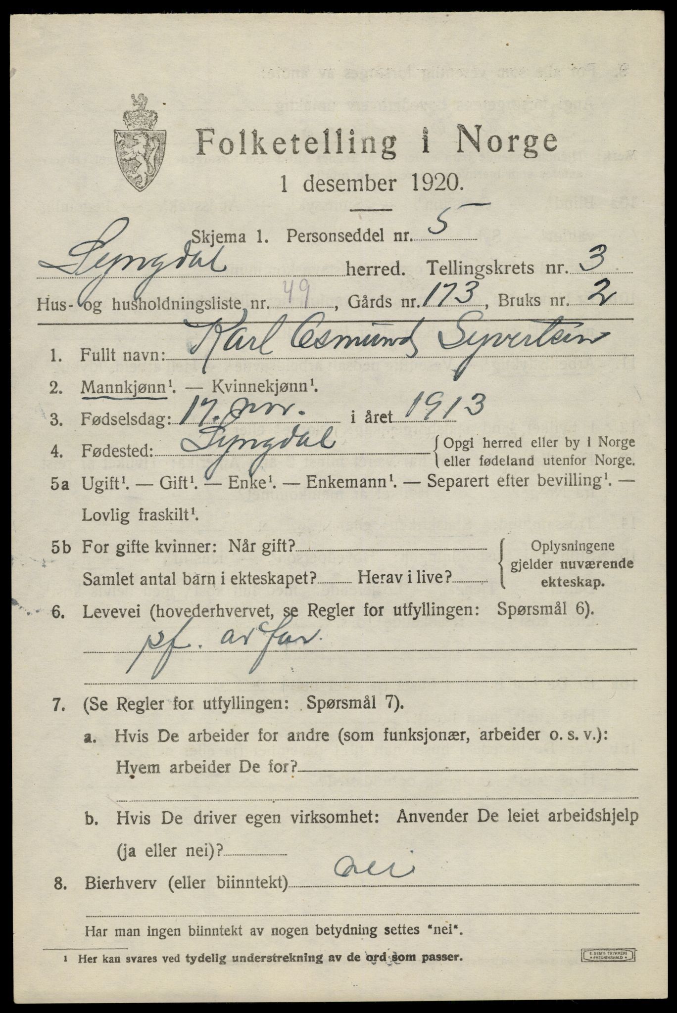 SAK, 1920 census for Lyngdal, 1920, p. 2315