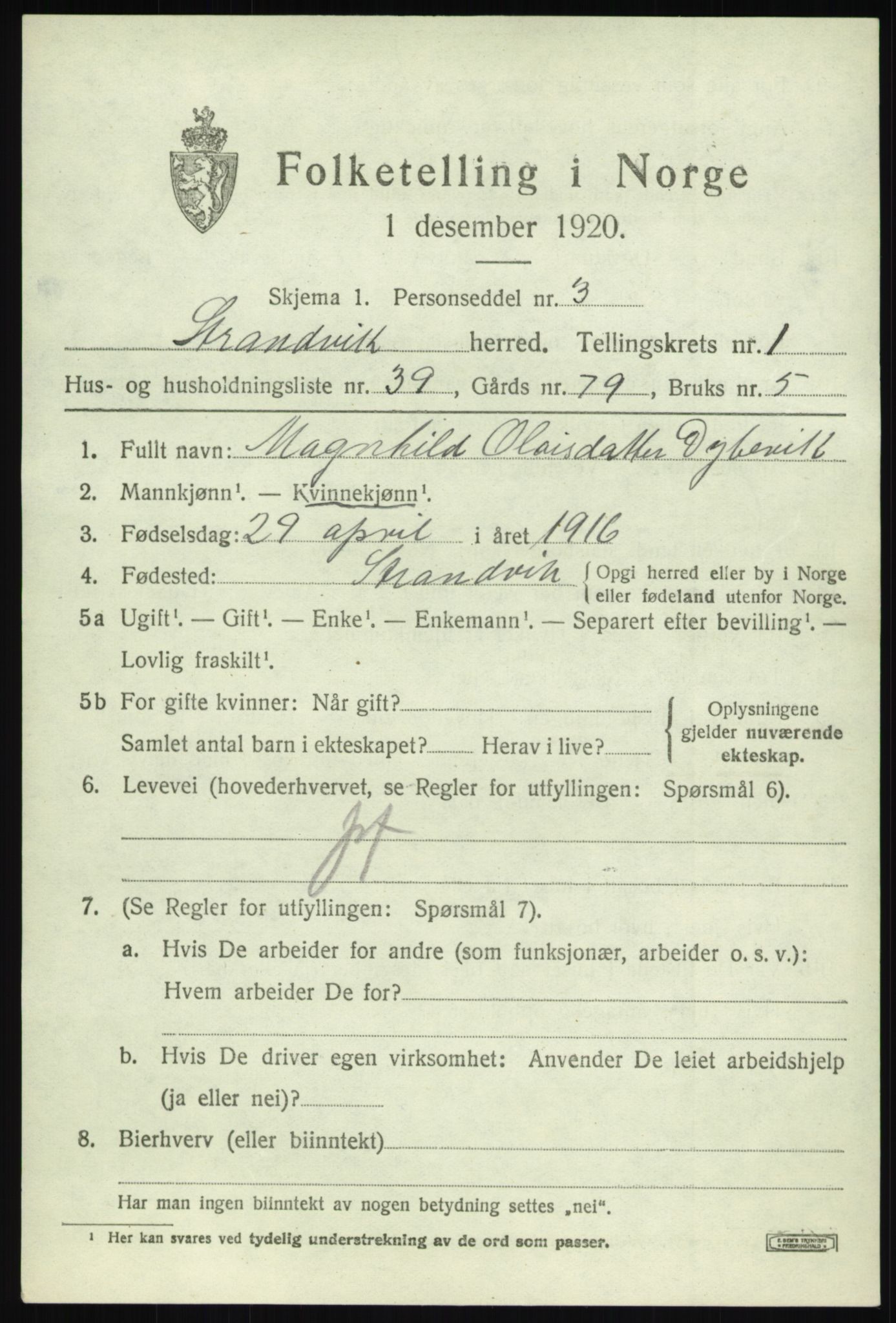 SAB, 1920 census for Strandvik, 1920, p. 1226