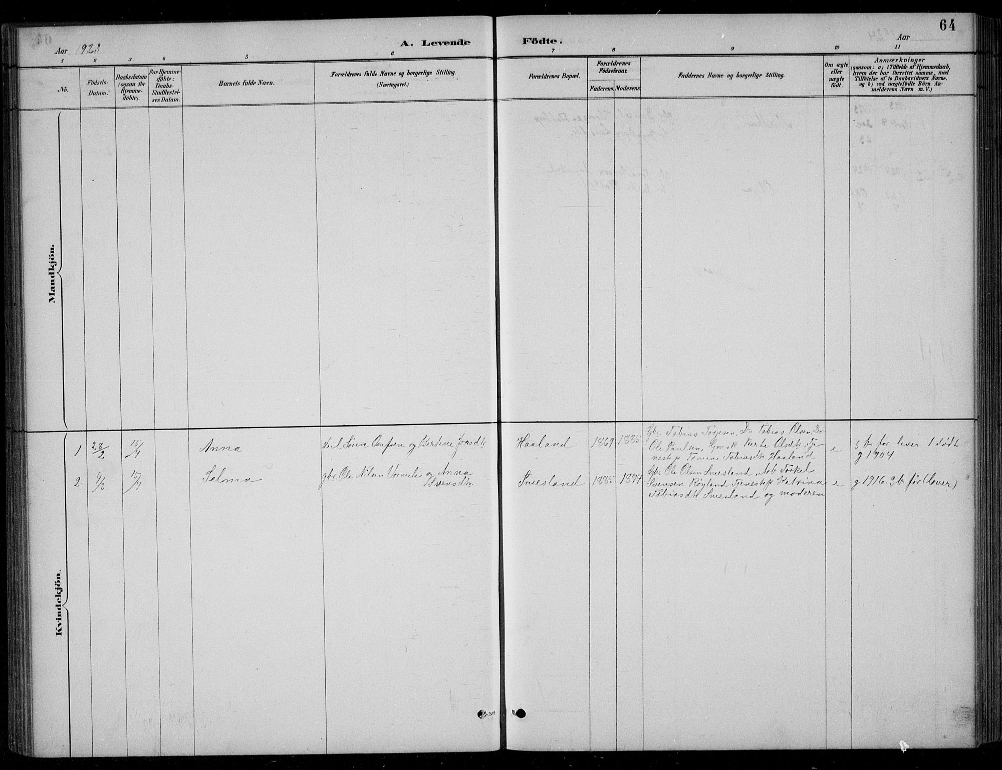 Bjelland sokneprestkontor, AV/SAK-1111-0005/F/Fb/Fbc/L0003: Parish register (copy) no. B 3, 1887-1924, p. 64