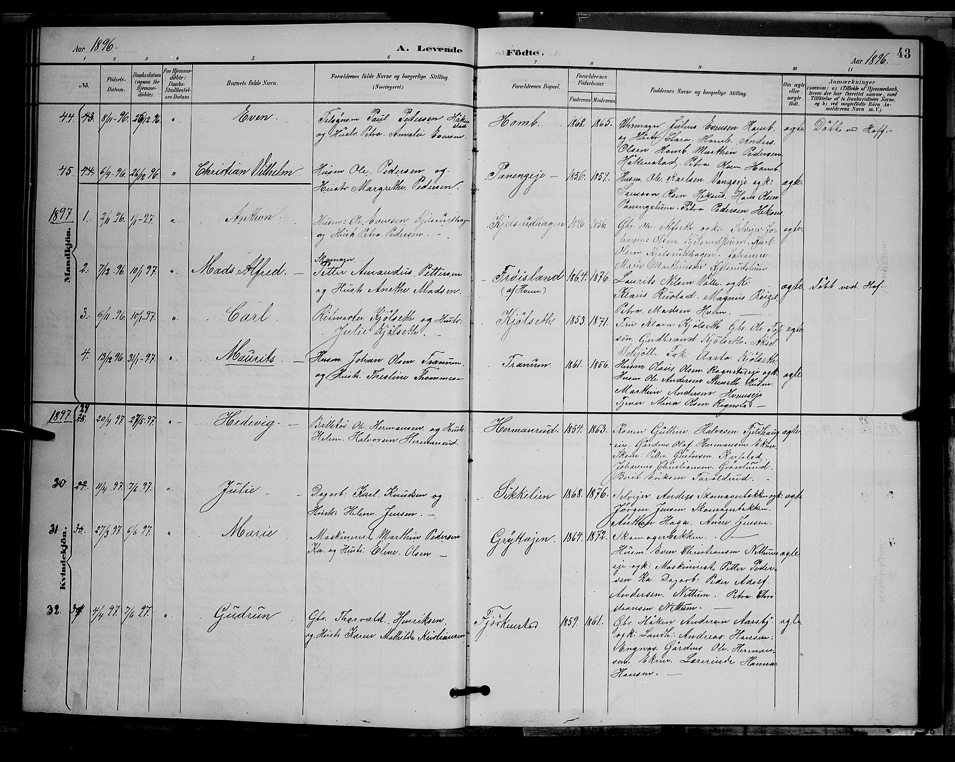 Østre Toten prestekontor, AV/SAH-PREST-104/H/Ha/Hab/L0006: Parish register (copy) no. 6, 1893-1901, p. 43