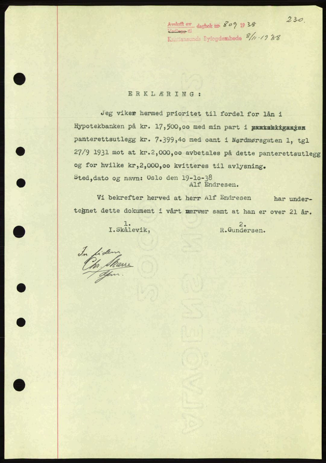 Kristiansund byfogd, SAT/A-4587/A/27: Mortgage book no. 31, 1938-1939, Diary no: : 809/1938