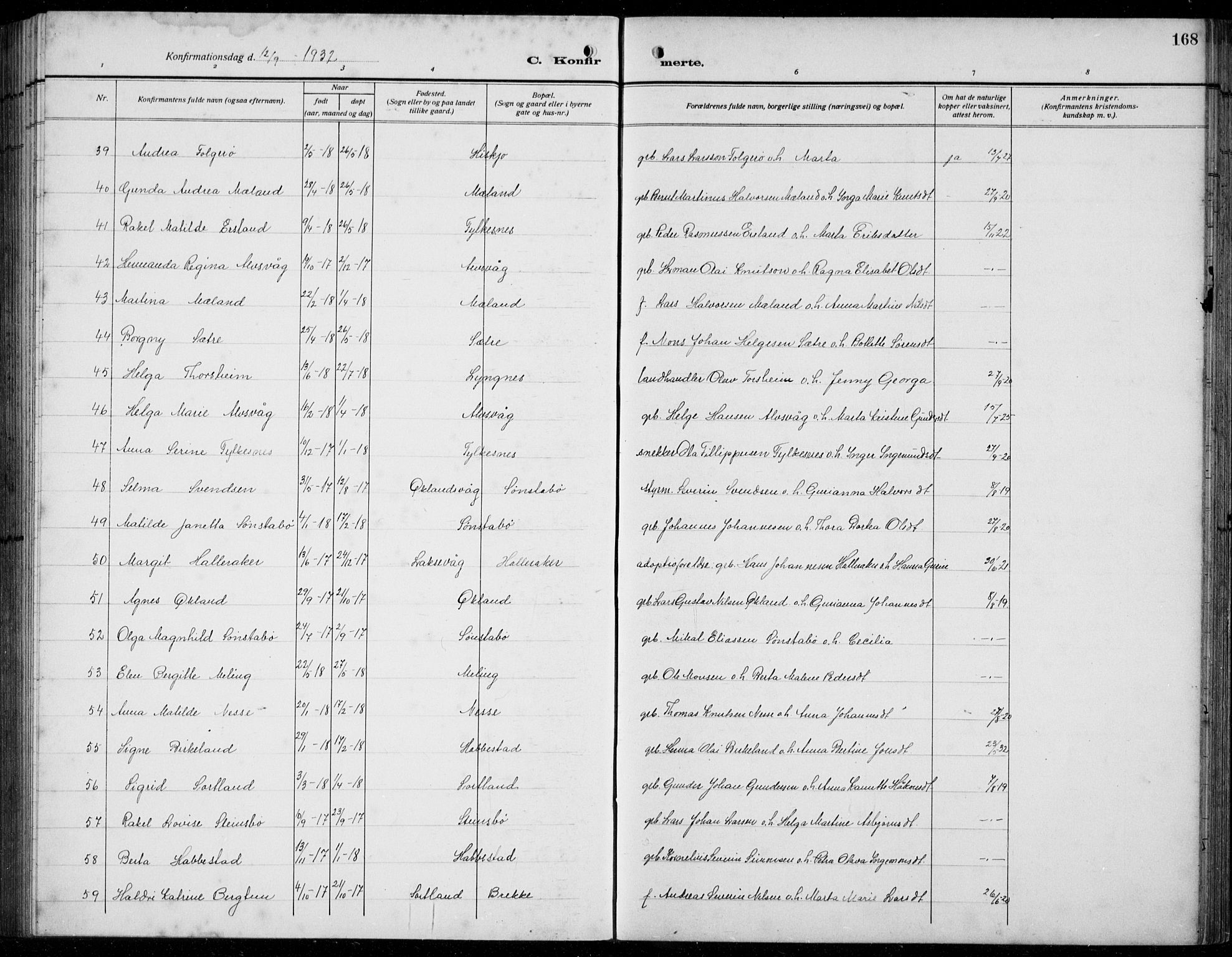 Finnås sokneprestembete, AV/SAB-A-99925/H/Ha/Hab/Habb/L0006: Parish register (copy) no. B 6, 1920-1936, p. 168