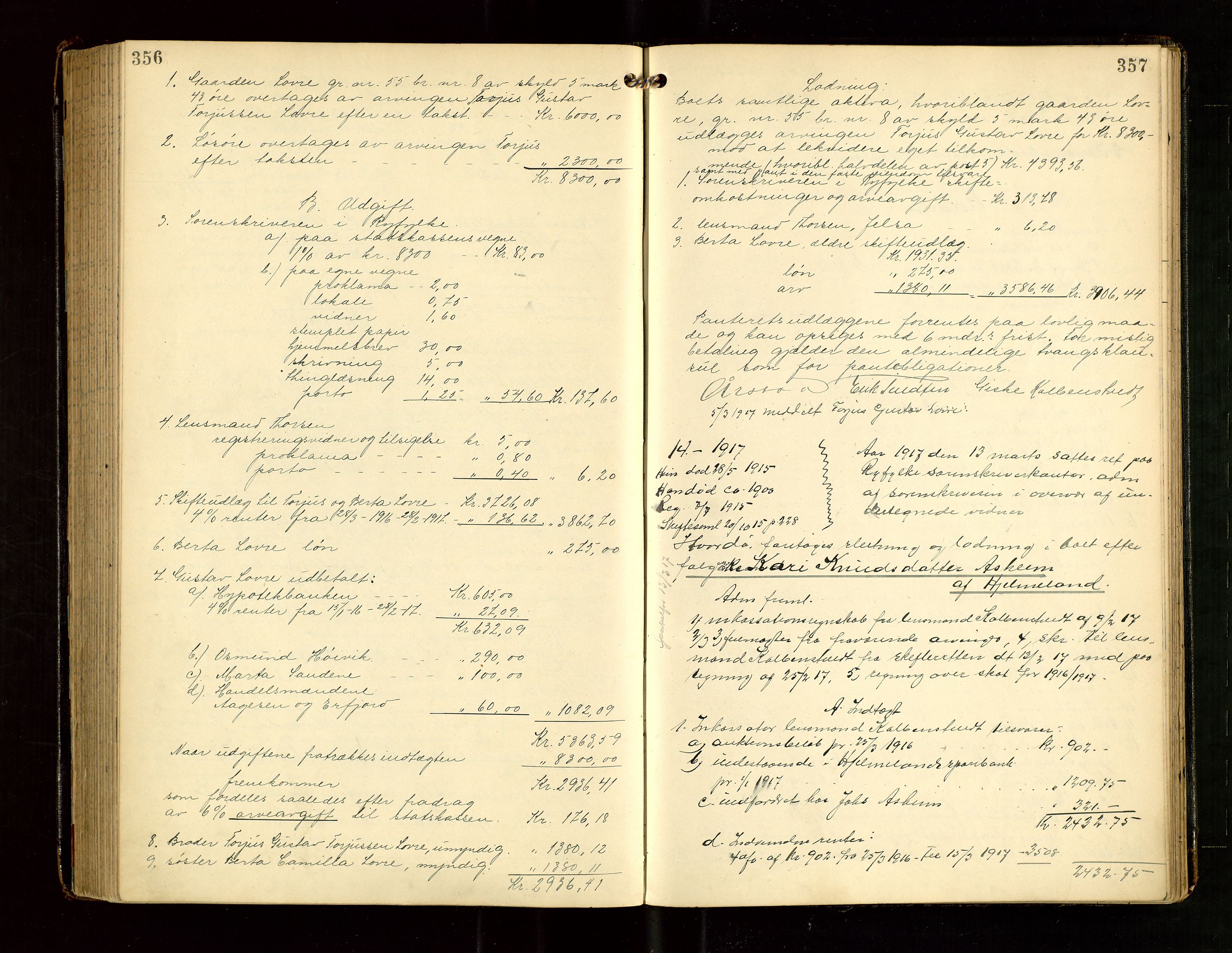 Ryfylke tingrett, AV/SAST-A-100055/001/IV/IVG/L0004: Skifteutlodningsprotokoll Med register, 1912-1918, p. 356-357