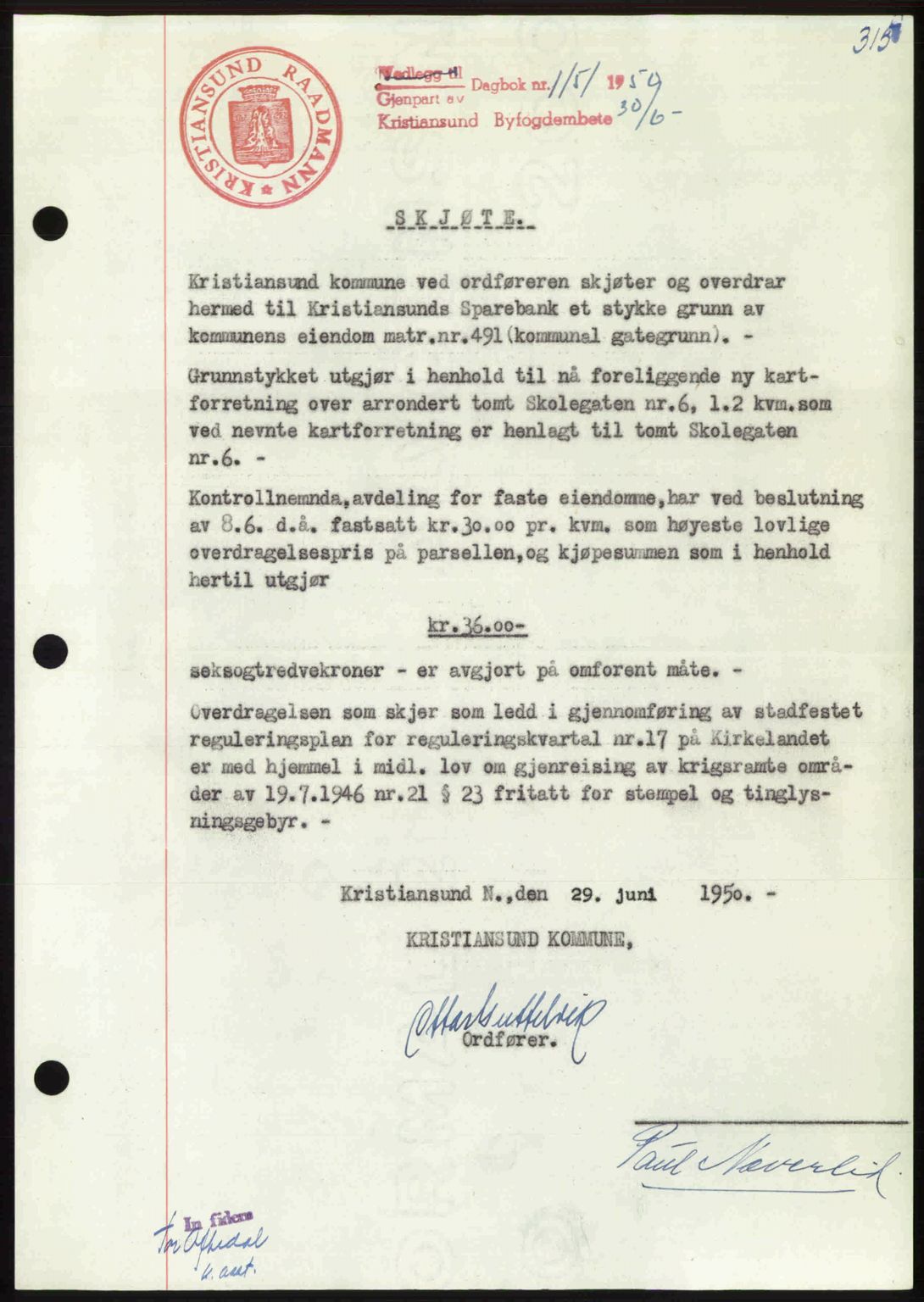 Kristiansund byfogd, AV/SAT-A-4587/A/27: Mortgage book no. 46, 1949-1950, Diary no: : 1151/1950