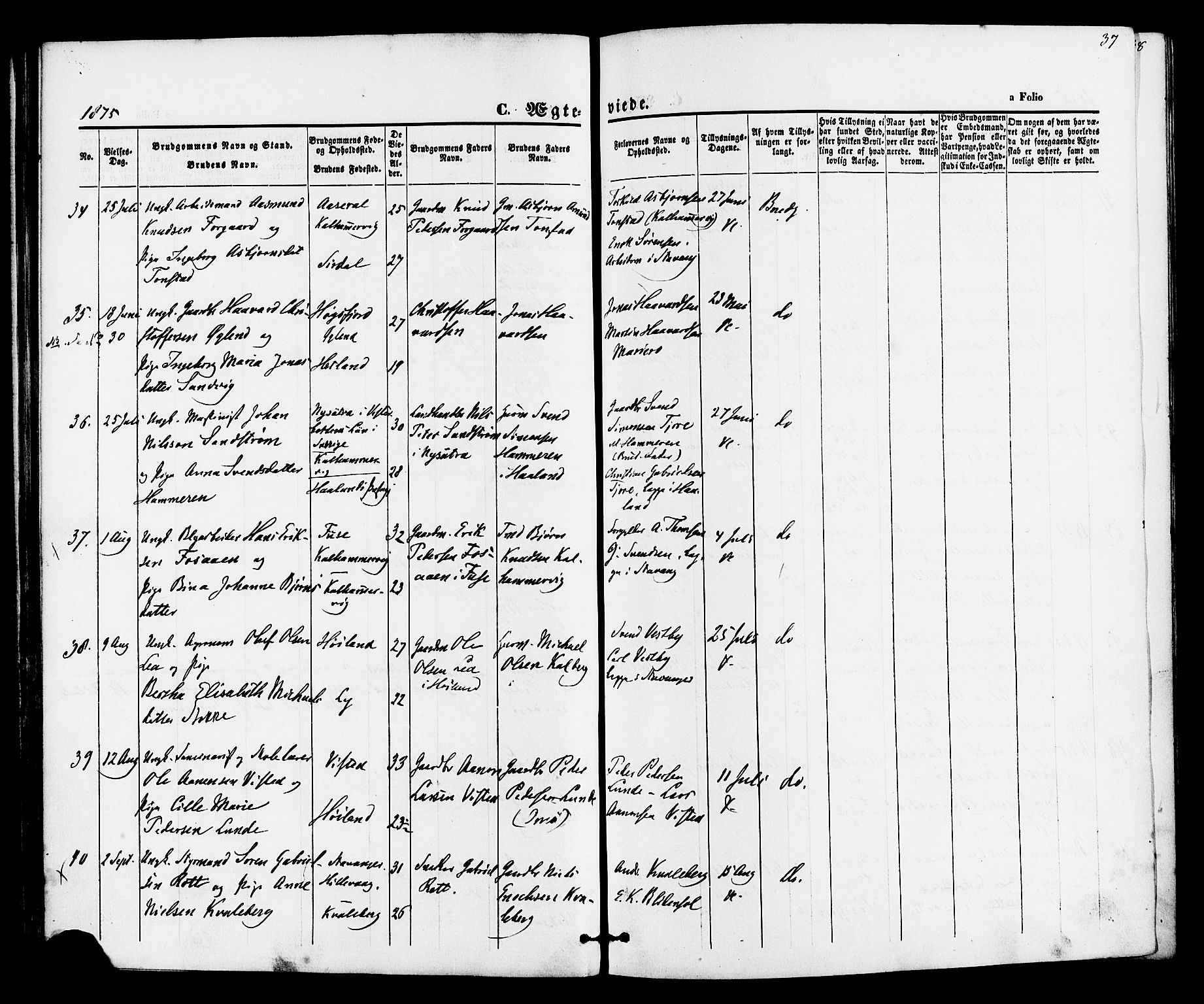 Hetland sokneprestkontor, AV/SAST-A-101826/30/30BA/L0005: Parish register (official) no. A 5, 1869-1884, p. 37