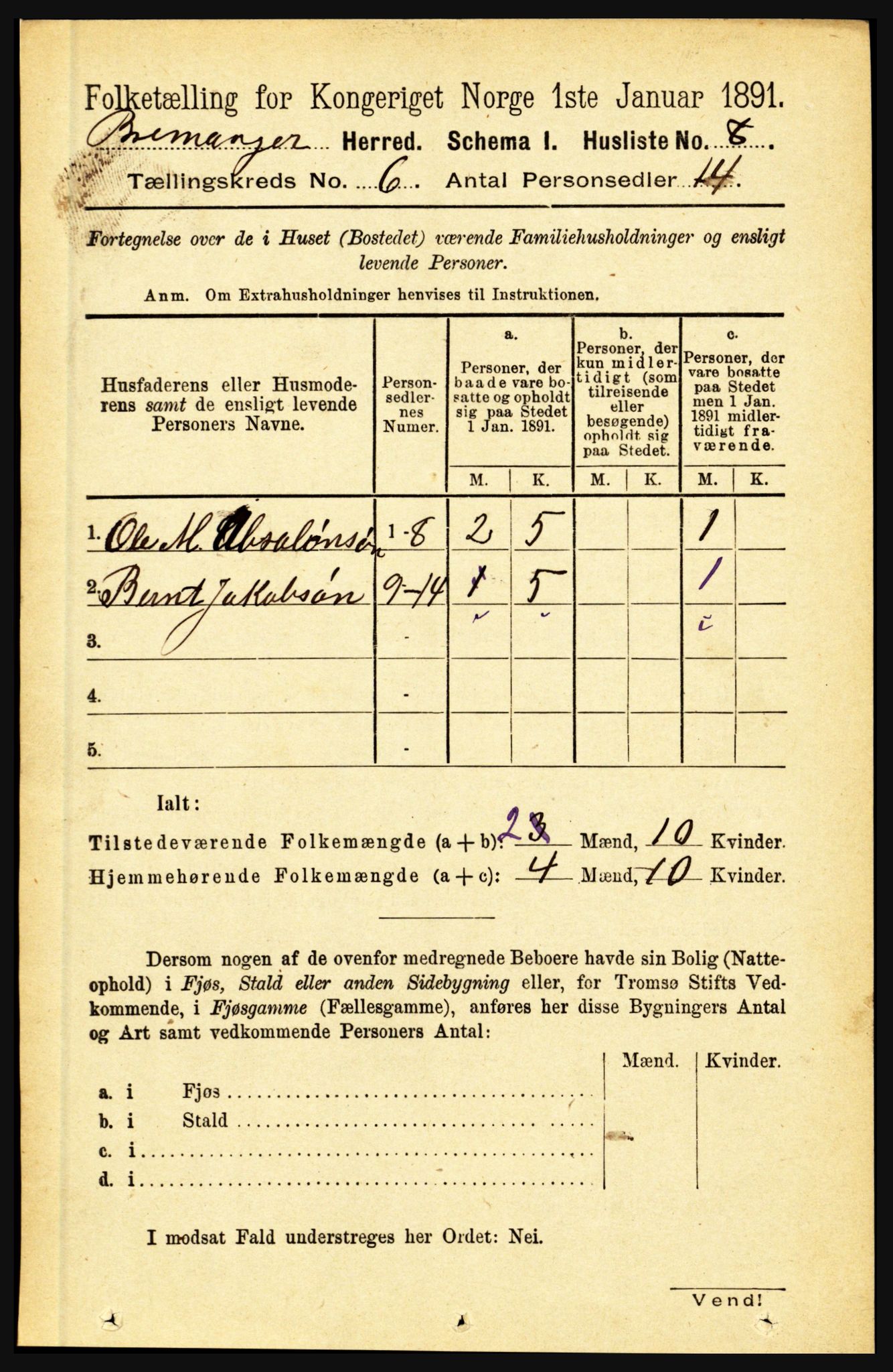 RA, 1891 census for 1438 Bremanger, 1891, p. 2334