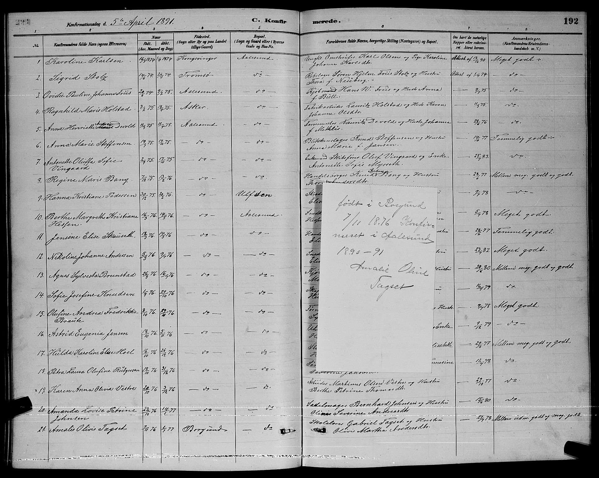 Ministerialprotokoller, klokkerbøker og fødselsregistre - Møre og Romsdal, AV/SAT-A-1454/529/L0467: Parish register (copy) no. 529C04, 1889-1897, p. 192