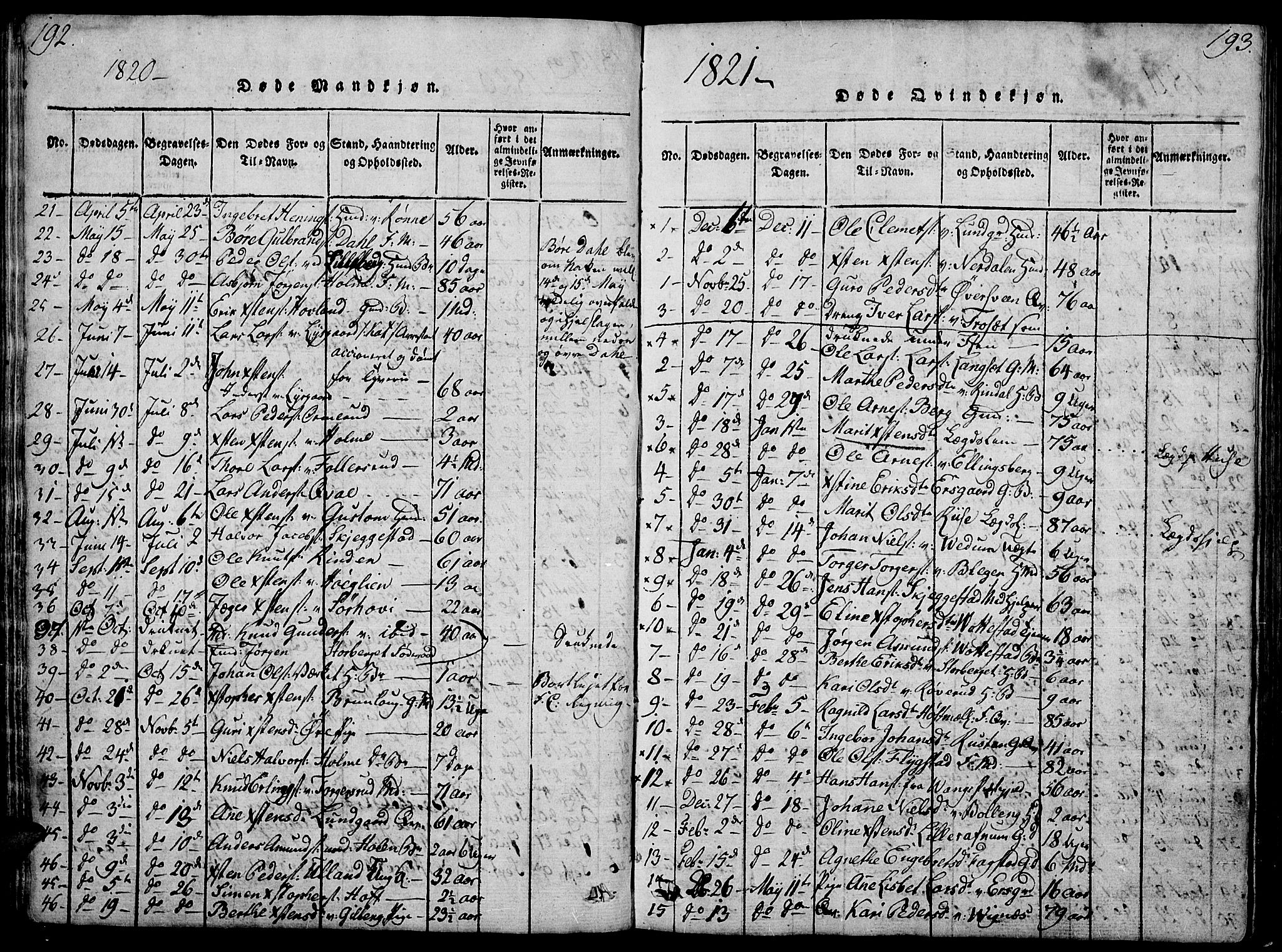 Fåberg prestekontor, SAH/PREST-086/H/Ha/Hab/L0004: Parish register (copy) no. 4, 1818-1837, p. 192-193