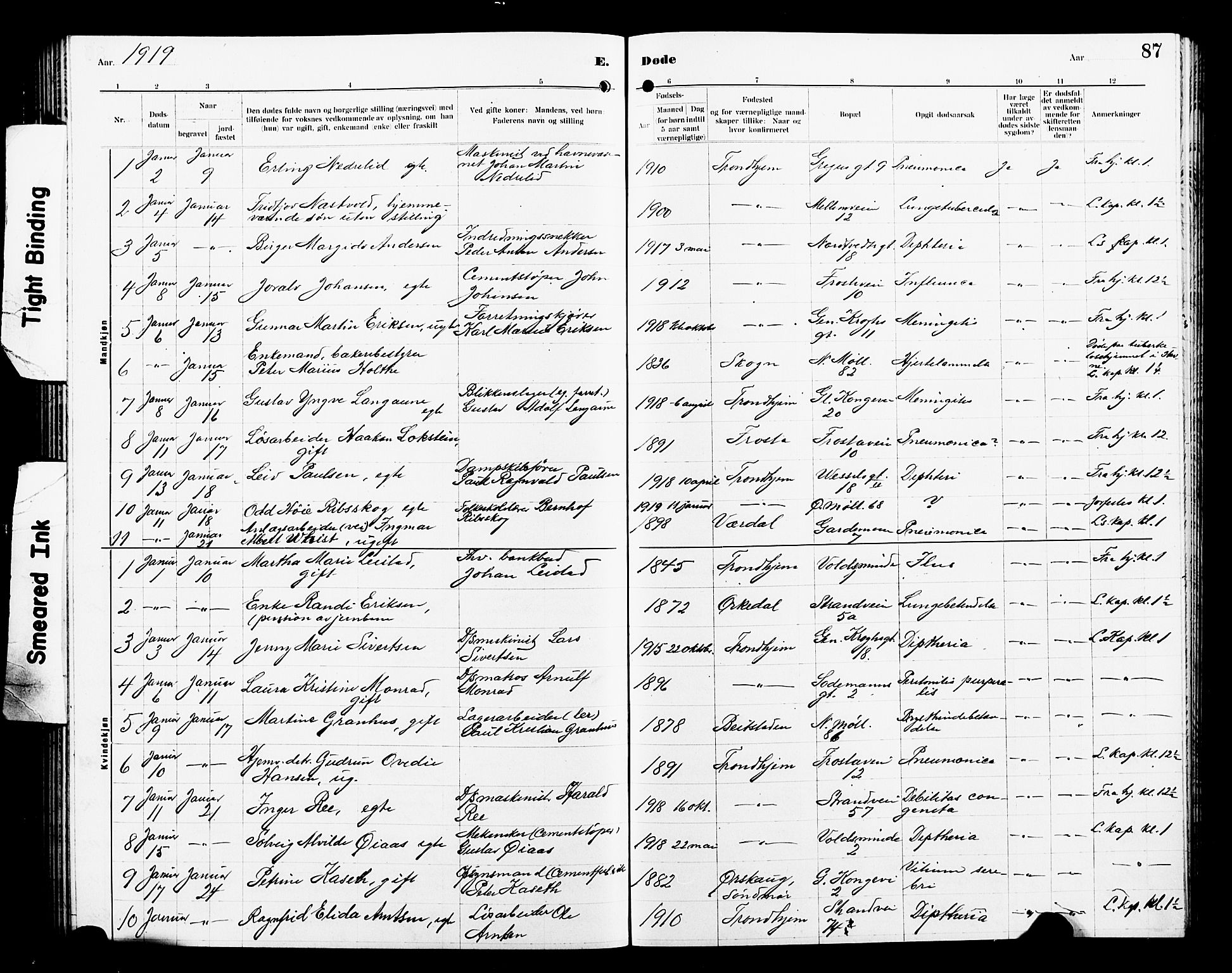 Ministerialprotokoller, klokkerbøker og fødselsregistre - Sør-Trøndelag, SAT/A-1456/605/L0257: Parish register (copy) no. 605C04, 1916-1922, p. 87