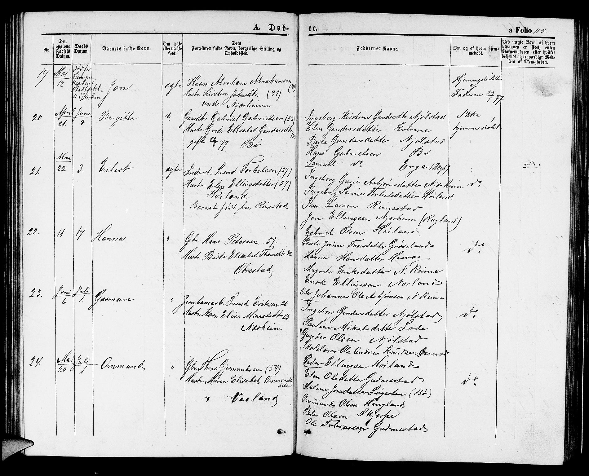 Hå sokneprestkontor, AV/SAST-A-101801/001/30BB/L0001: Parish register (copy) no. B 1, 1854-1883, p. 113