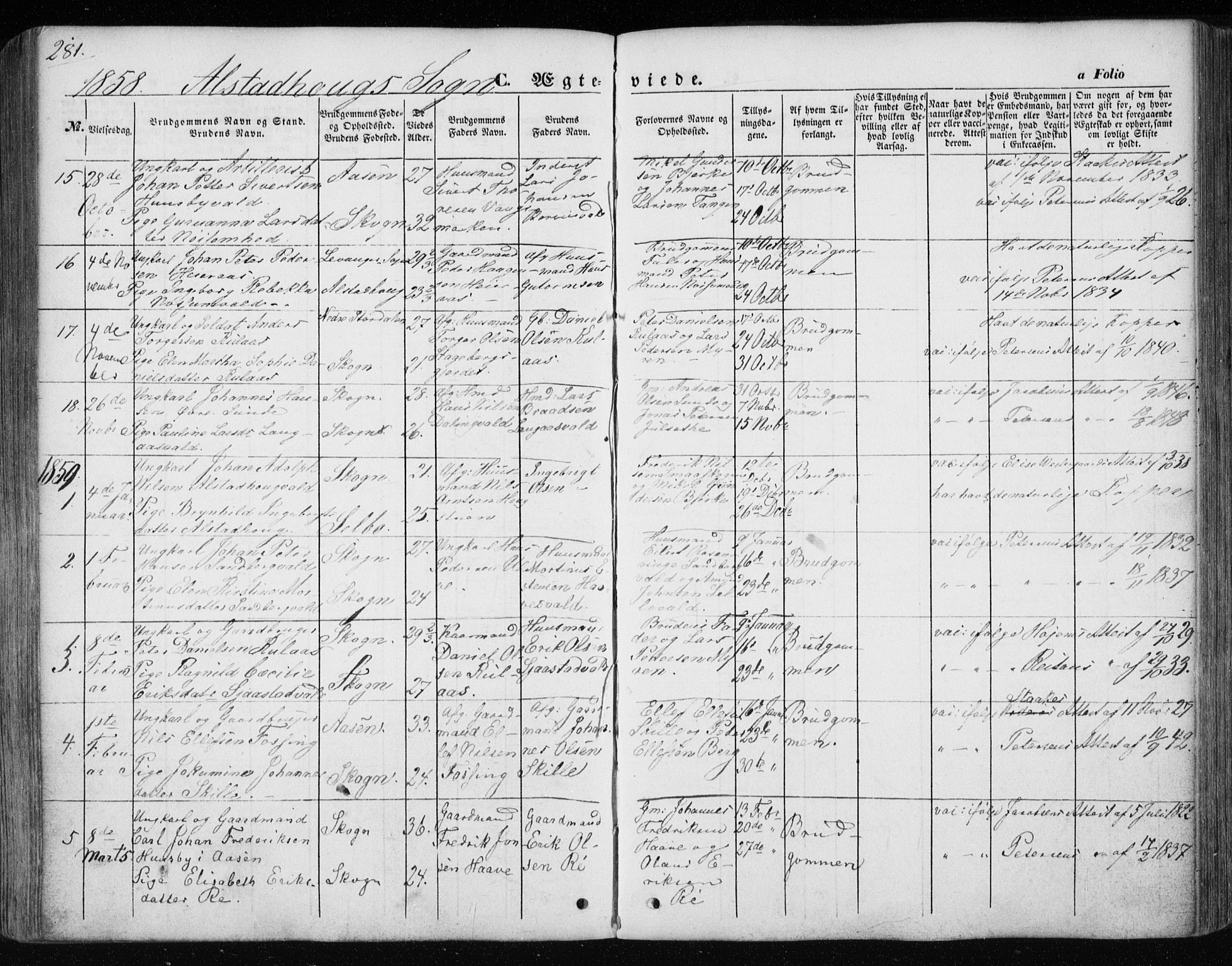 Ministerialprotokoller, klokkerbøker og fødselsregistre - Nord-Trøndelag, SAT/A-1458/717/L0154: Parish register (official) no. 717A07 /1, 1850-1862, p. 281