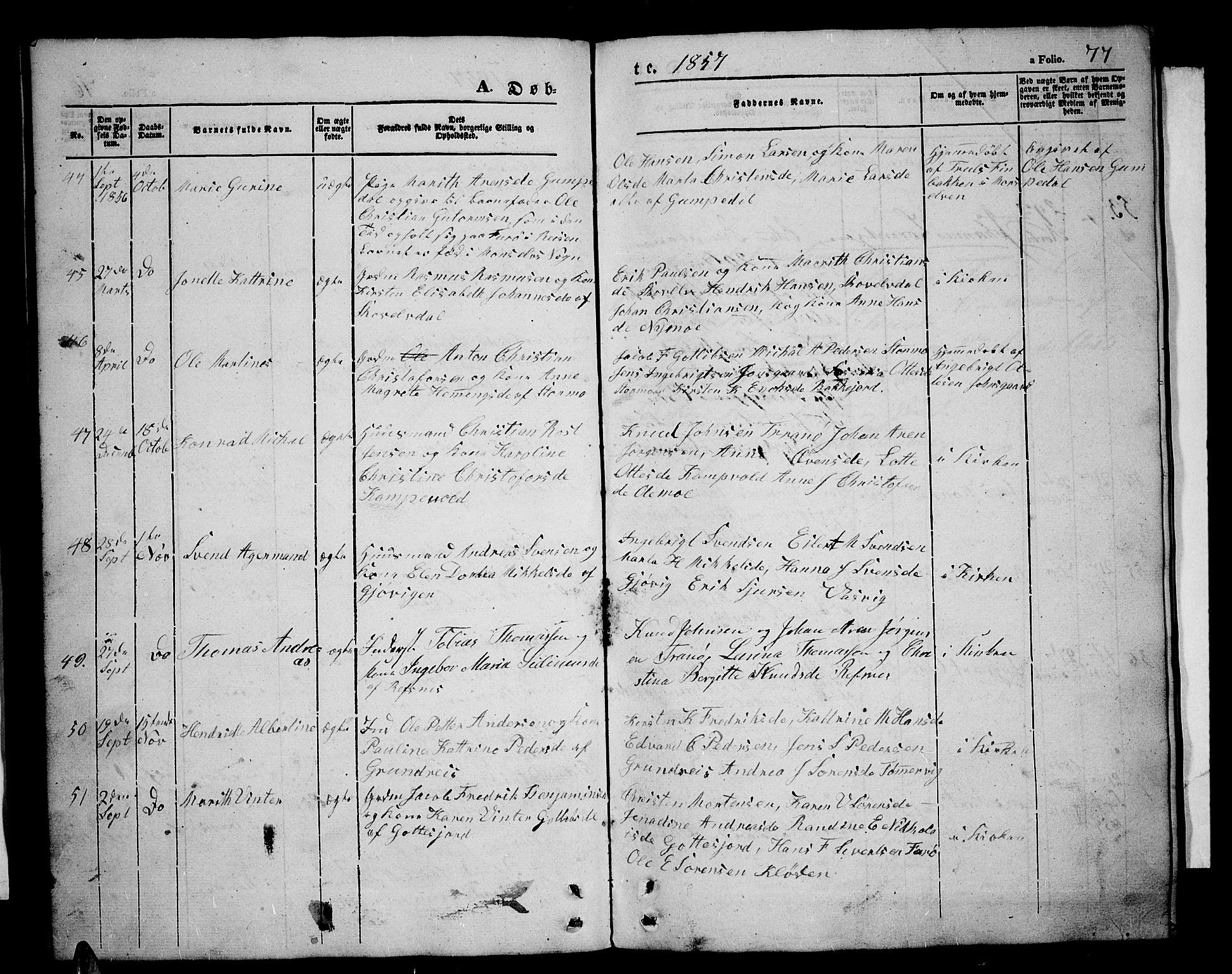 Tranøy sokneprestkontor, SATØ/S-1313/I/Ia/Iab/L0002klokker: Parish register (copy) no. 2, 1847-1860, p. 77