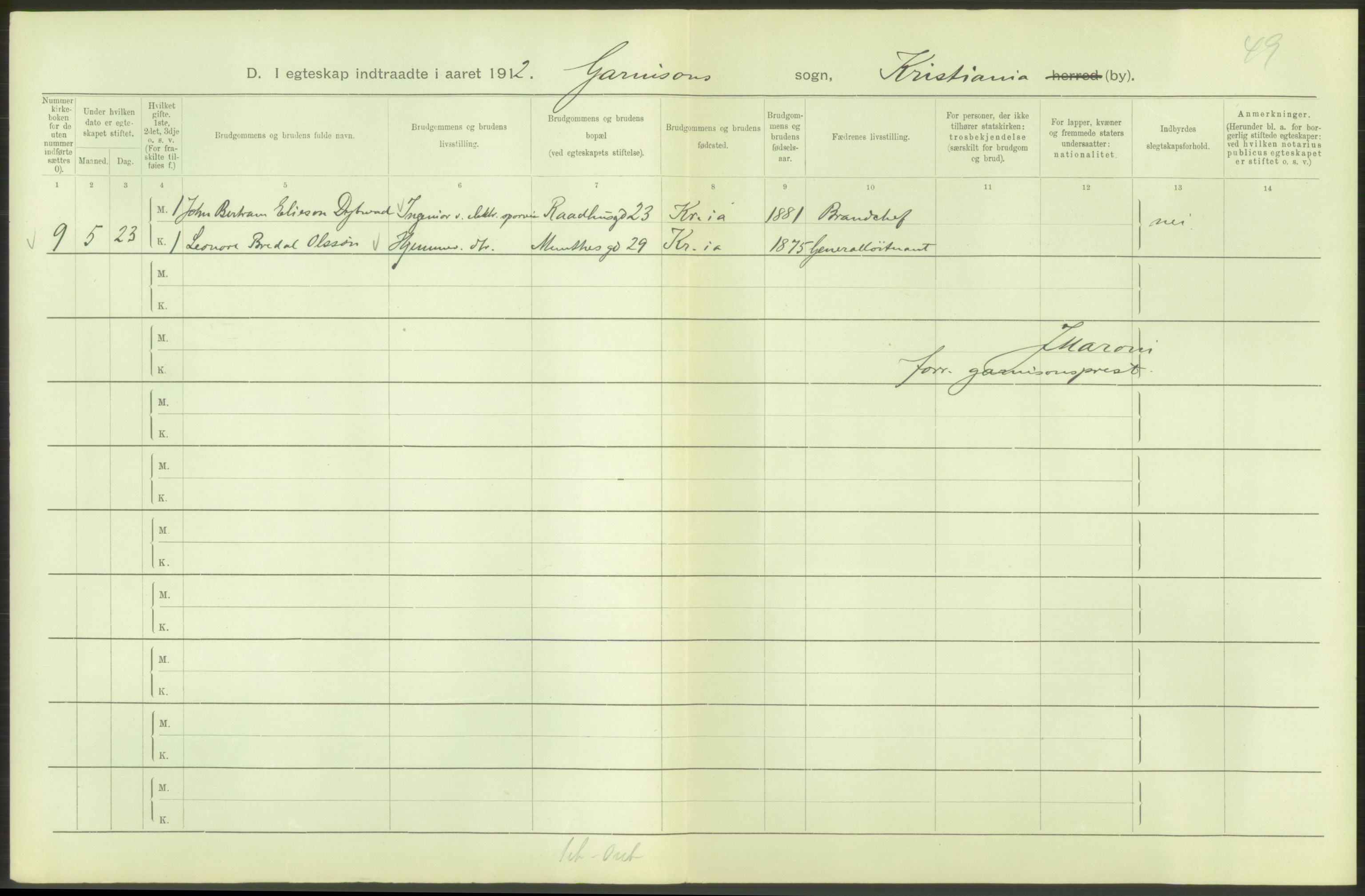 Statistisk sentralbyrå, Sosiodemografiske emner, Befolkning, AV/RA-S-2228/D/Df/Dfb/Dfbb/L0008: Kristiania: Gifte, 1912, p. 26