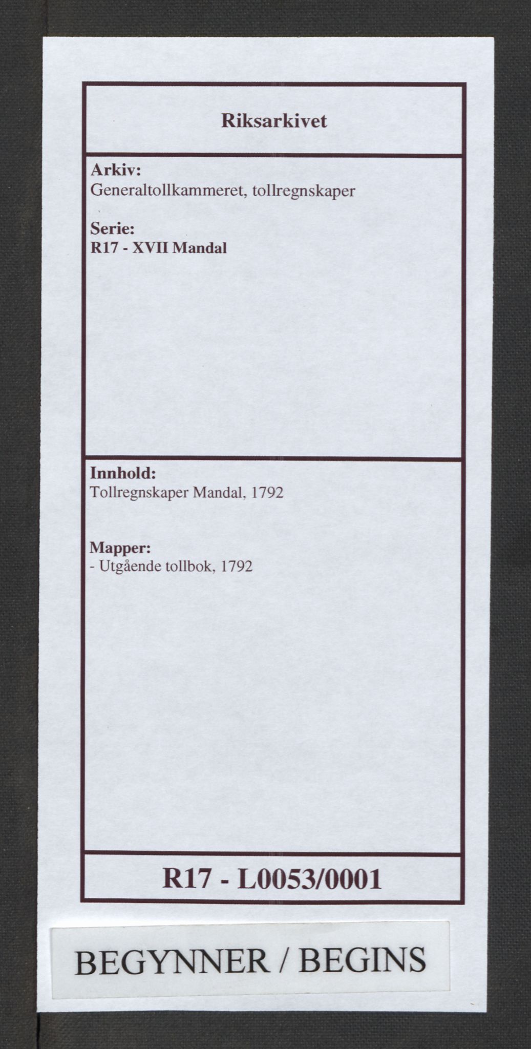 Generaltollkammeret, tollregnskaper, RA/EA-5490/R17/L0053/0001: Tollregnskaper Mandal / Utgående tollbok, 1790-1792