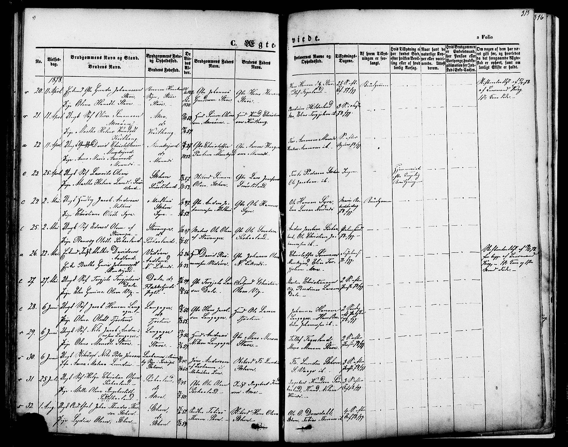 Skudenes sokneprestkontor, SAST/A -101849/H/Ha/Haa/L0006: Parish register (official) no. A 4, 1864-1881, p. 313