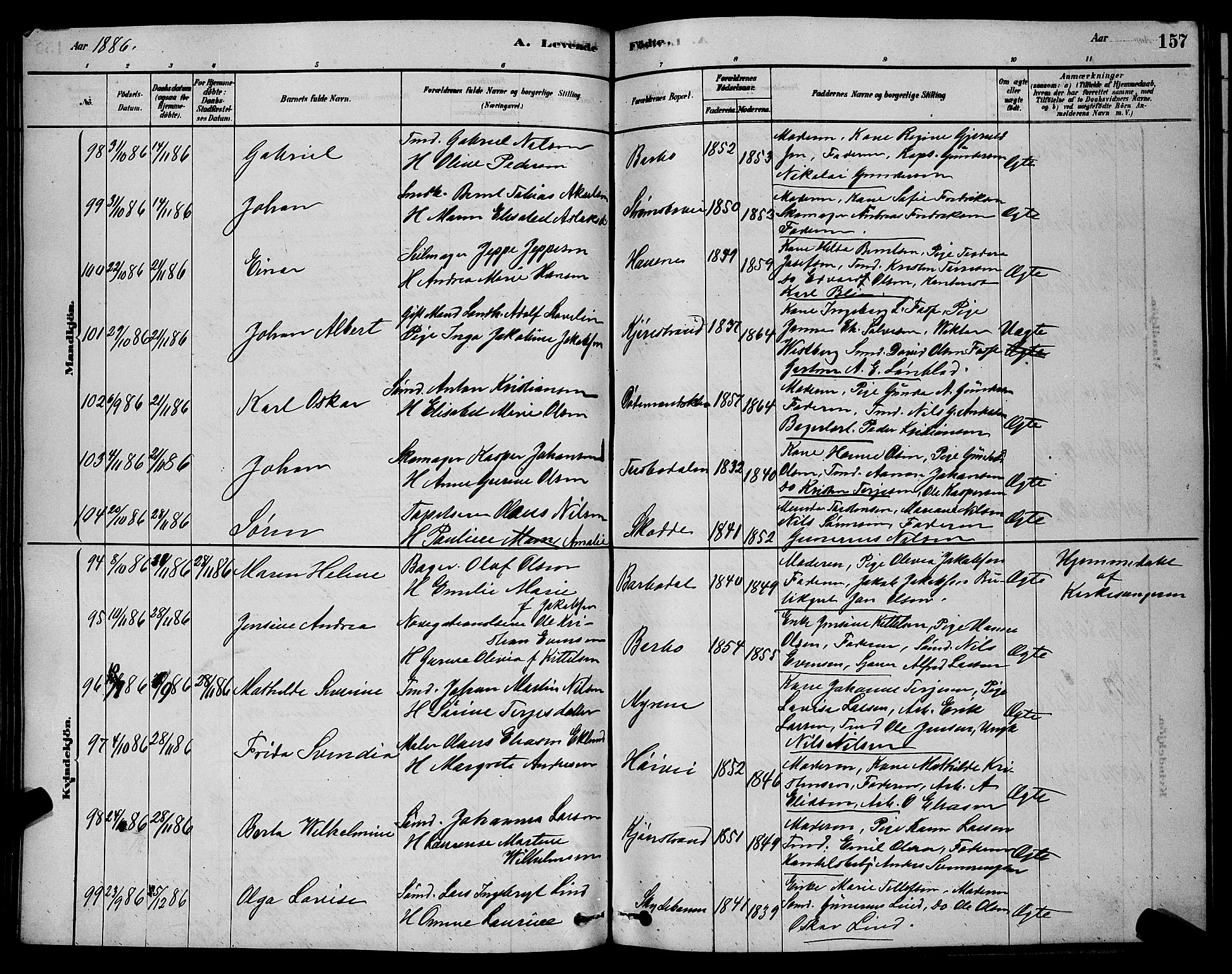 Barbu sokneprestkontor, AV/SAK-1111-0003/F/Fb/L0001: Parish register (copy) no. B 1, 1878-1890, p. 157