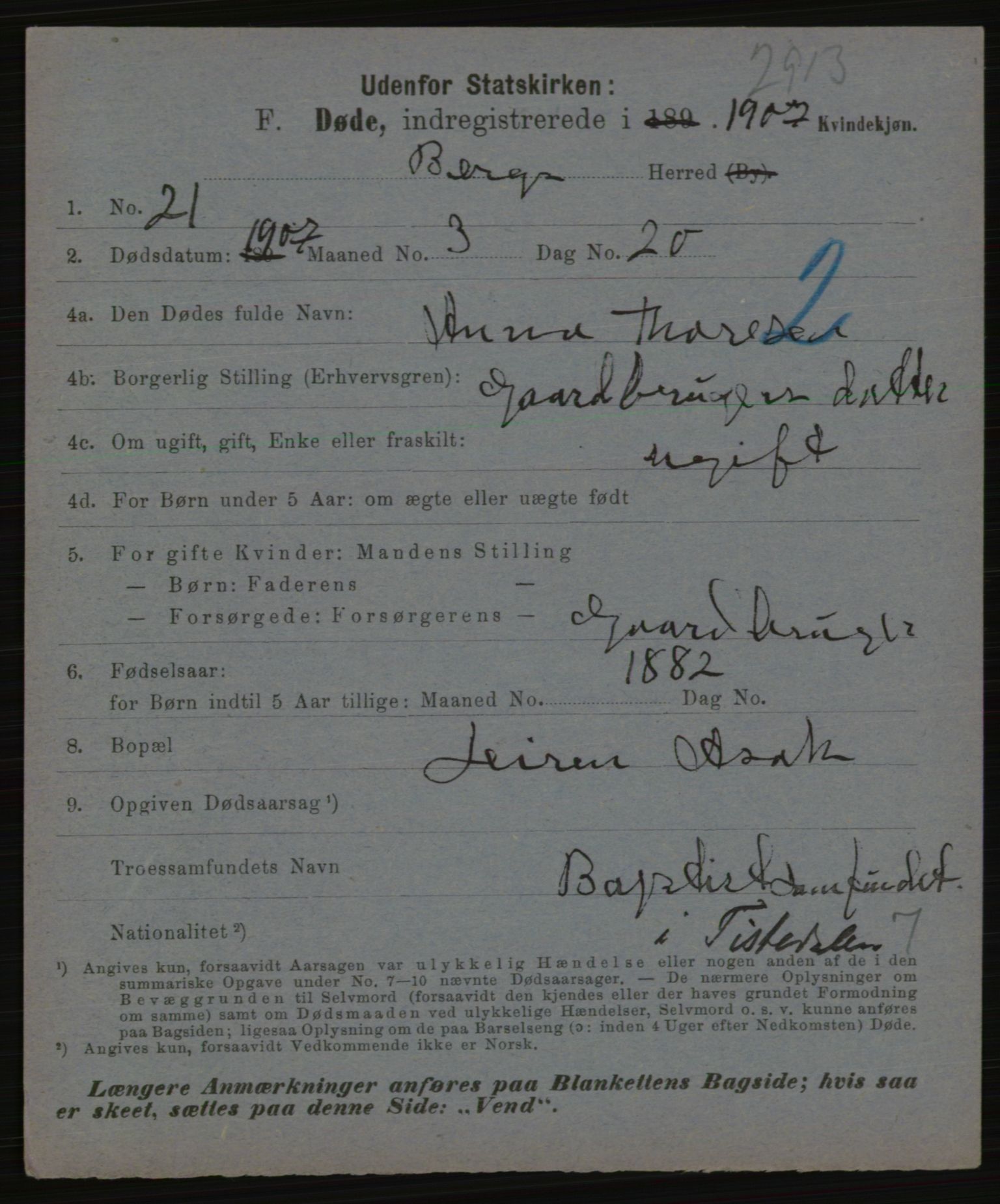 Statistisk sentralbyrå, Sosiodemografiske emner, Befolkning, AV/RA-S-2228/E/L0005: Fødte, gifte, døde dissentere., 1907, p. 2205