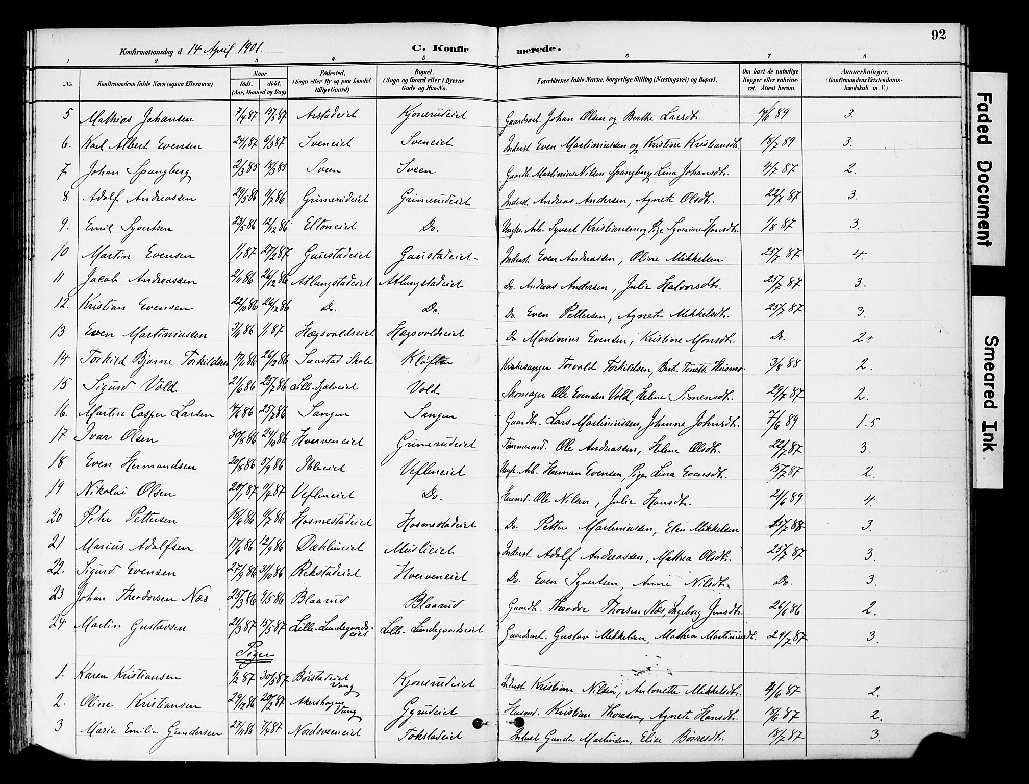 Stange prestekontor, AV/SAH-PREST-002/K/L0021: Parish register (official) no. 21, 1891-1902, p. 92