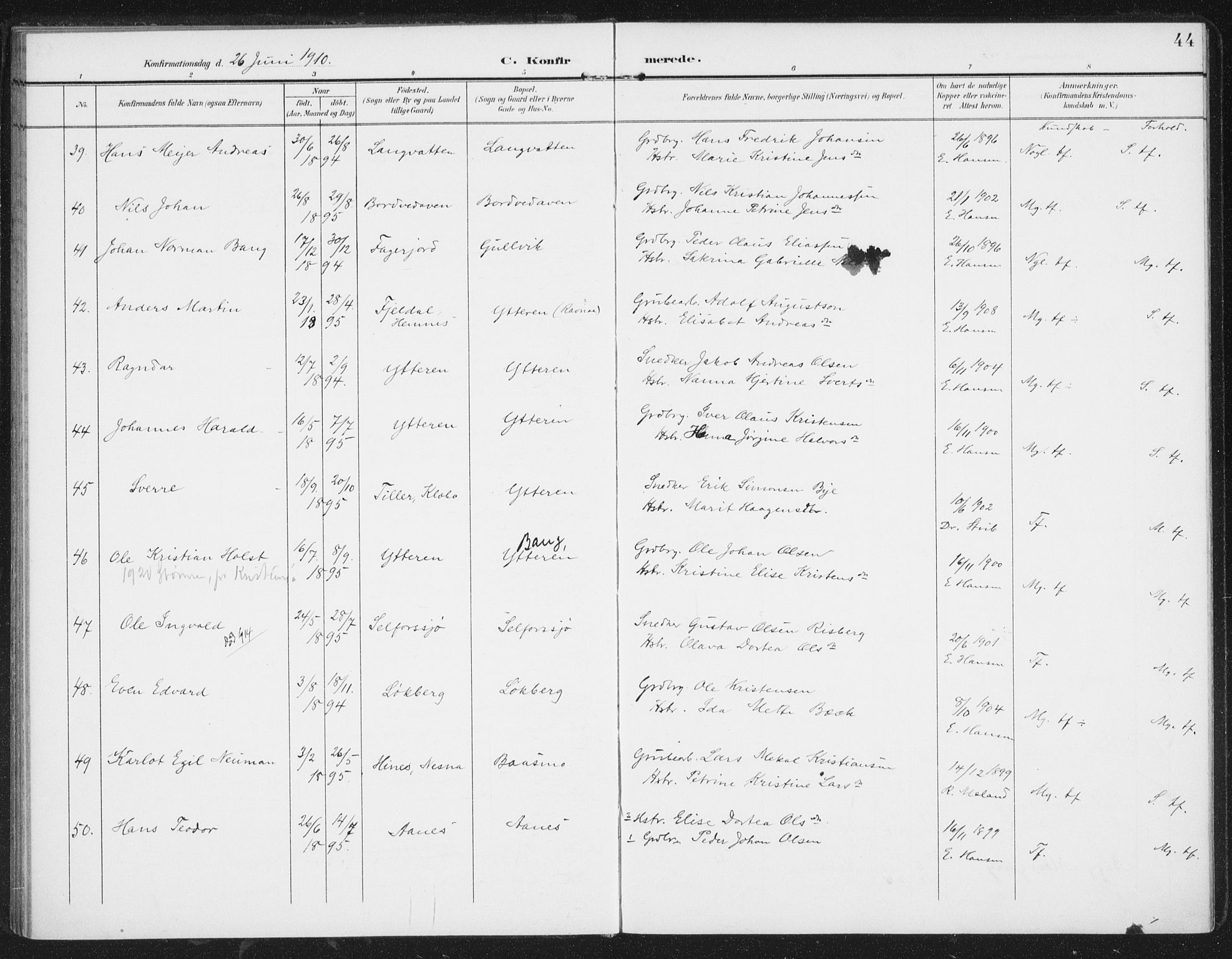 Ministerialprotokoller, klokkerbøker og fødselsregistre - Nordland, AV/SAT-A-1459/827/L0403: Parish register (official) no. 827A15, 1903-1912, p. 44