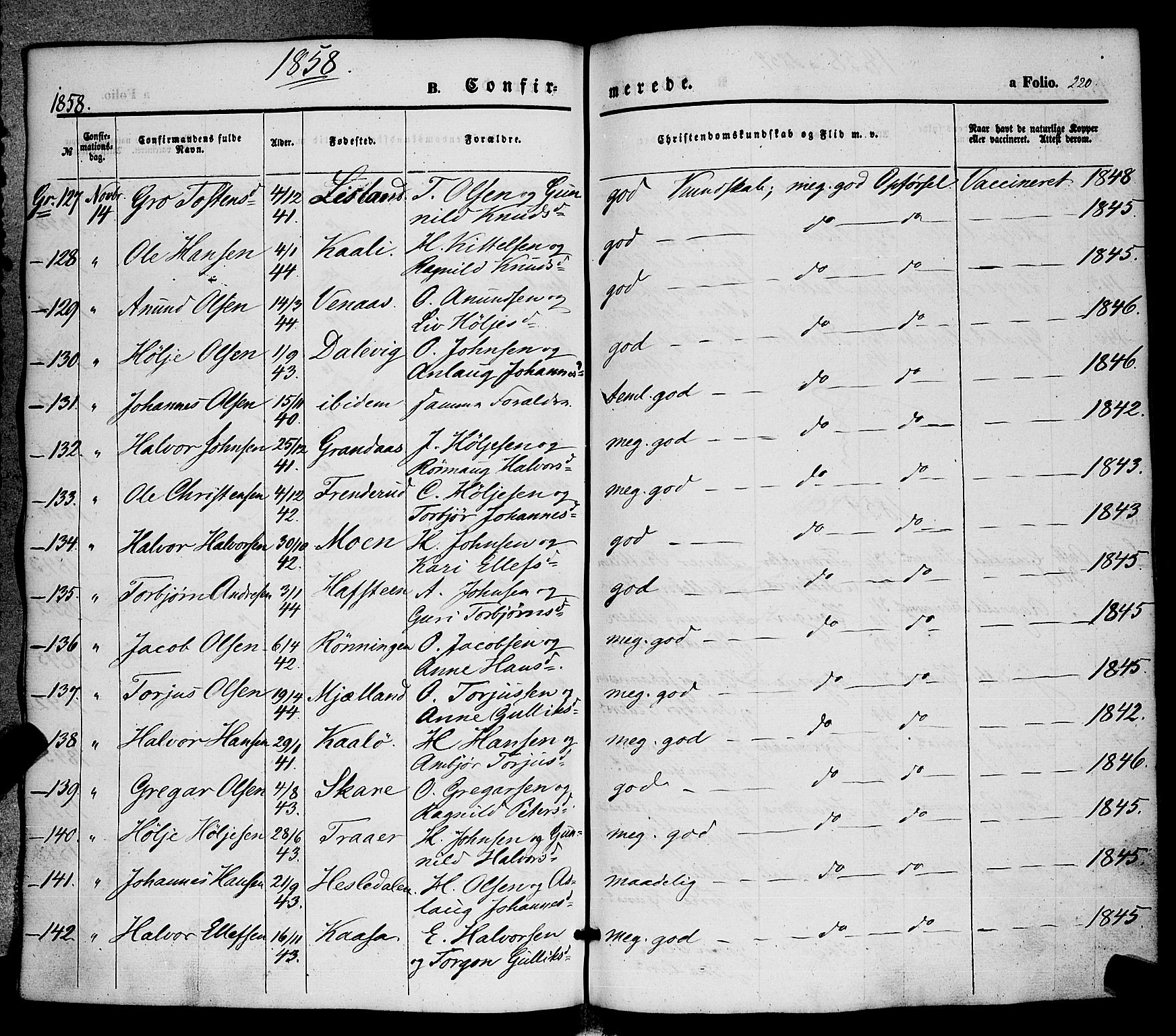 Hjartdal kirkebøker, SAKO/A-270/F/Fa/L0008: Parish register (official) no. I 8, 1844-1859, p. 220