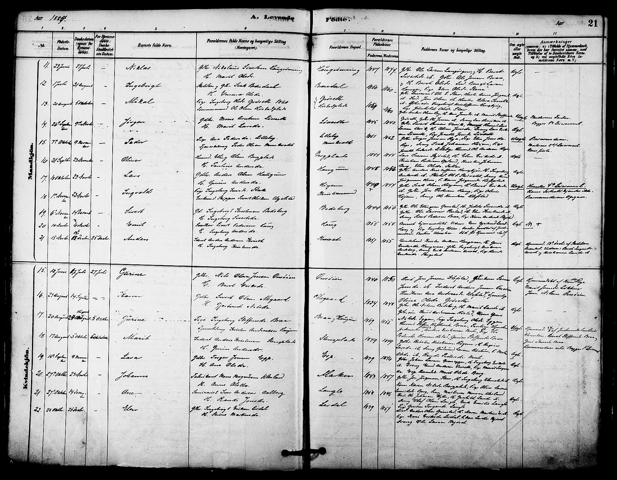 Ministerialprotokoller, klokkerbøker og fødselsregistre - Sør-Trøndelag, AV/SAT-A-1456/612/L0378: Parish register (official) no. 612A10, 1878-1897, p. 21