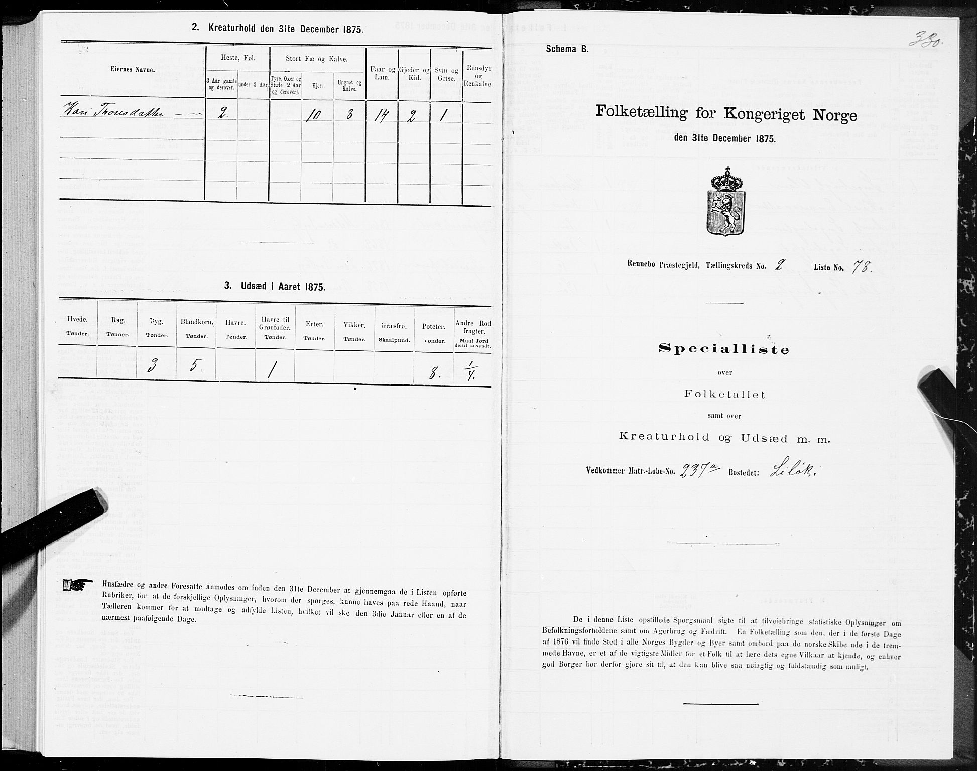 SAT, 1875 census for 1635P Rennebu, 1875, p. 1330