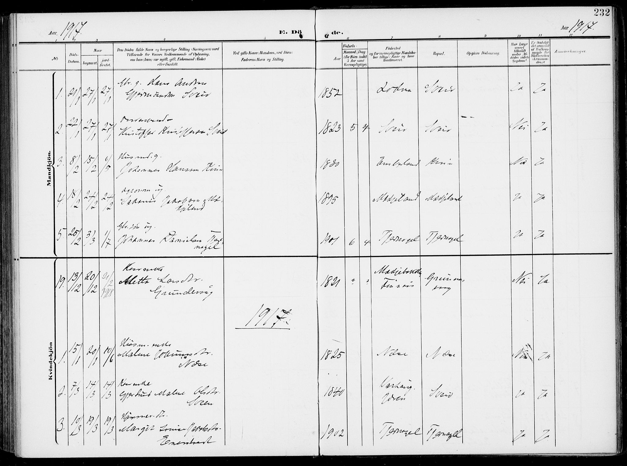 Sveio Sokneprestembete, SAB/A-78501/H/Haa: Parish register (official) no. B  4, 1906-1919, p. 232