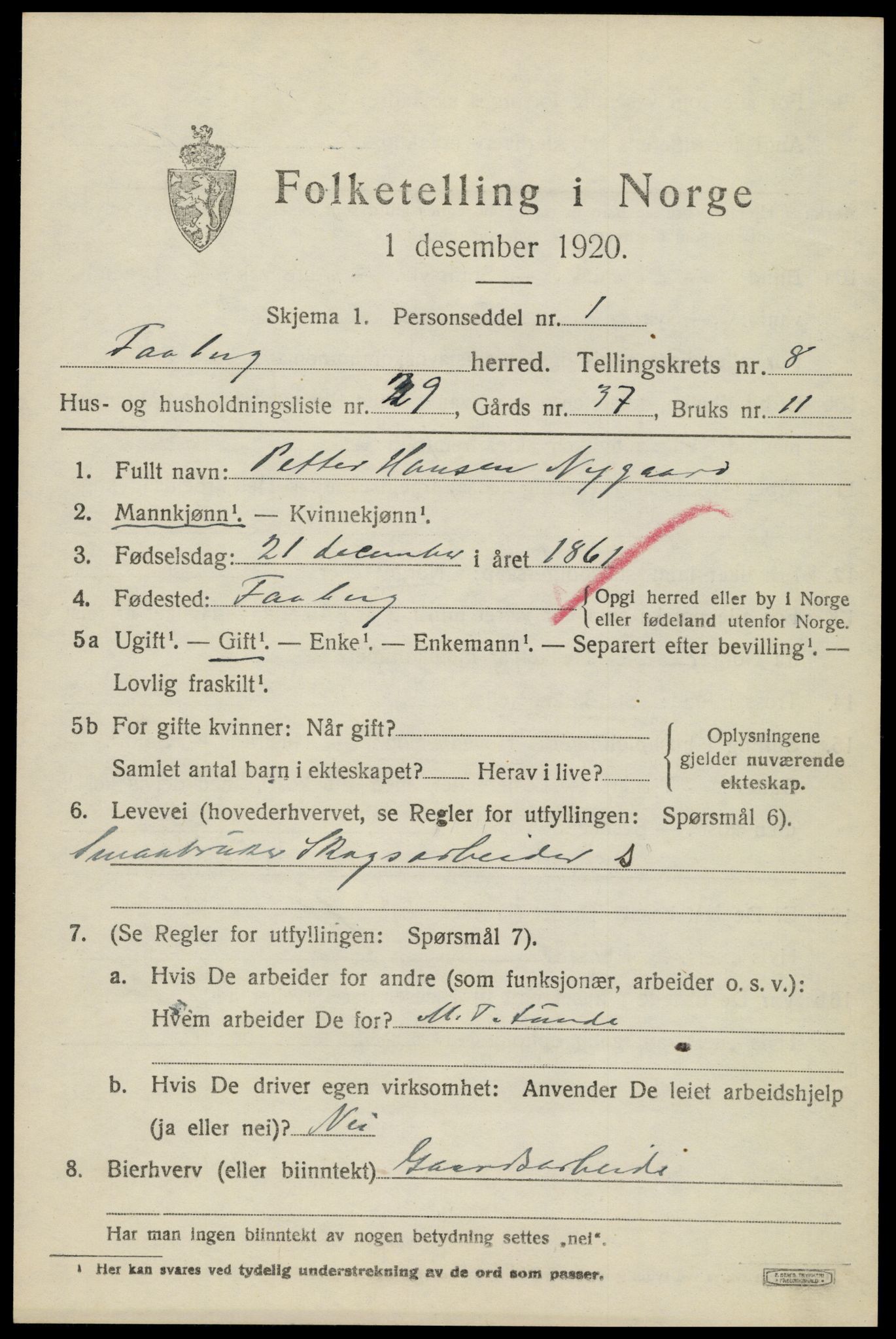 SAH, 1920 census for Fåberg, 1920, p. 9524