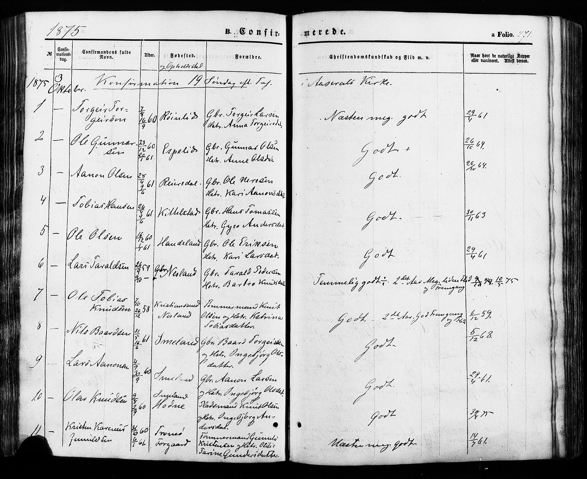 Åseral sokneprestkontor, SAK/1111-0051/F/Fa/L0002: Parish register (official) no. A 2, 1854-1884, p. 271