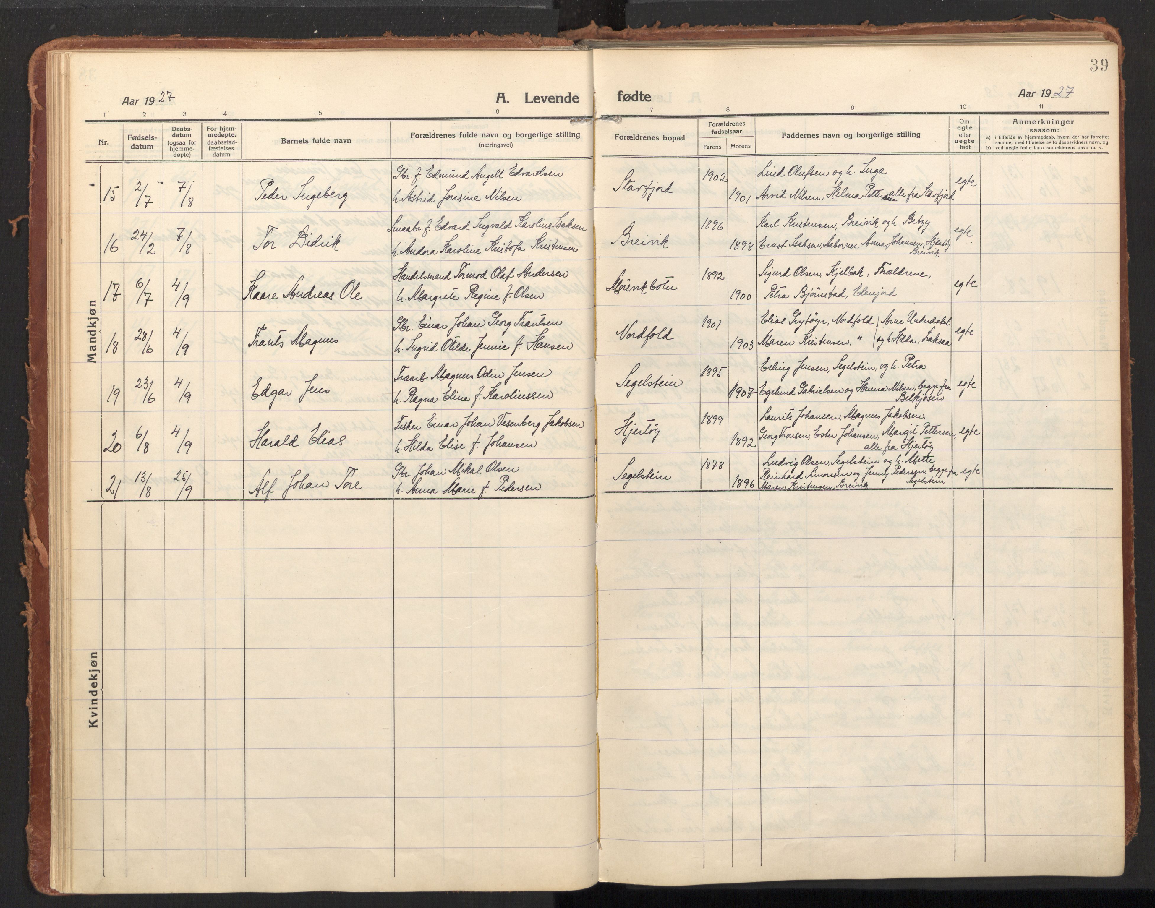 Ministerialprotokoller, klokkerbøker og fødselsregistre - Nordland, AV/SAT-A-1459/858/L0833: Parish register (official) no. 858A03, 1916-1934, p. 39