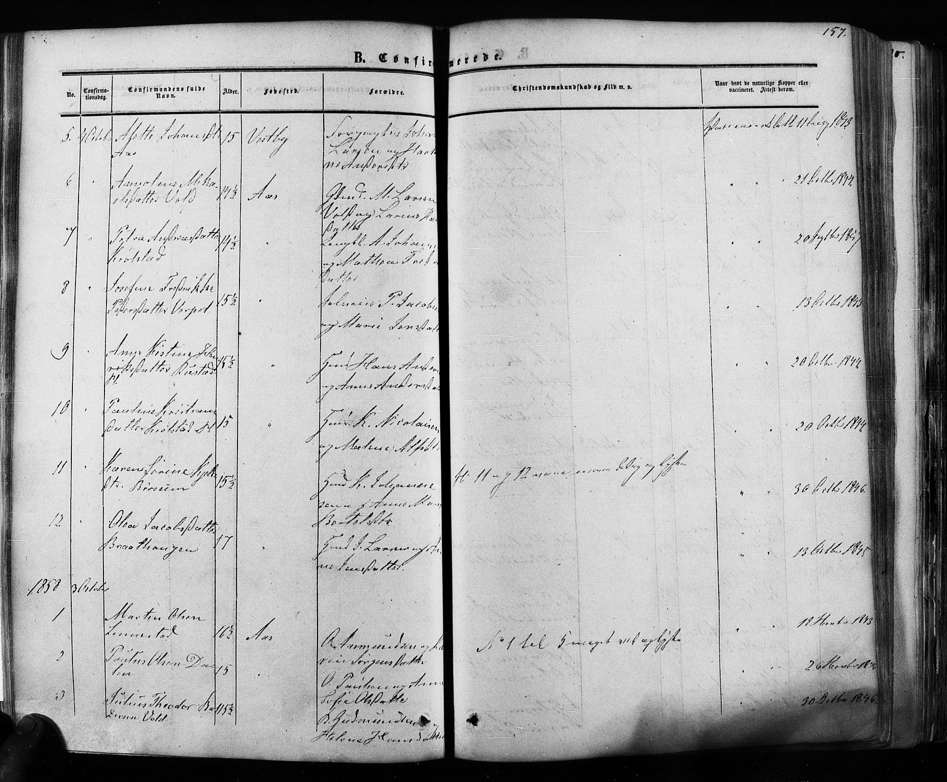 Ås prestekontor Kirkebøker, AV/SAO-A-10894/F/Fa/L0007: Parish register (official) no. I 7, 1854-1870, p. 157