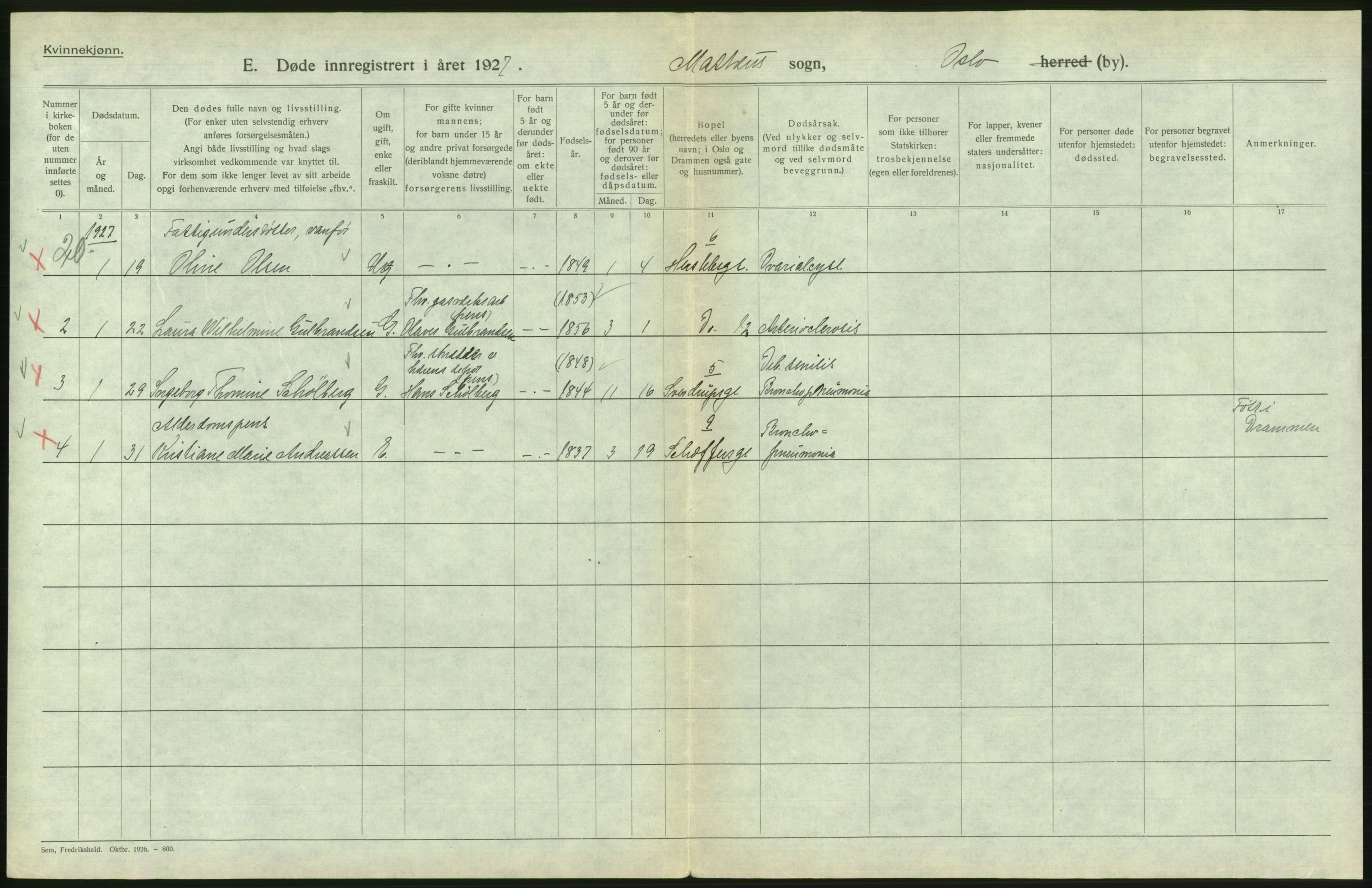 Statistisk sentralbyrå, Sosiodemografiske emner, Befolkning, AV/RA-S-2228/D/Df/Dfc/Dfcg/L0010: Oslo: Døde kvinner, dødfødte, 1927, p. 722