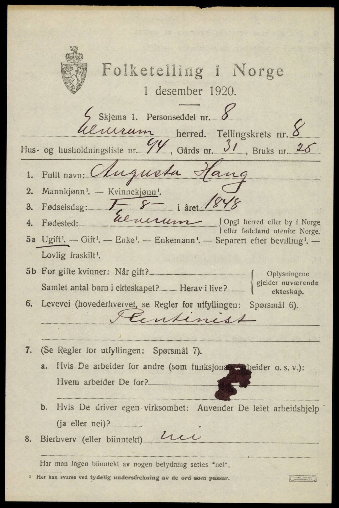 SAH, 1920 census for Elverum, 1920, p. 14892