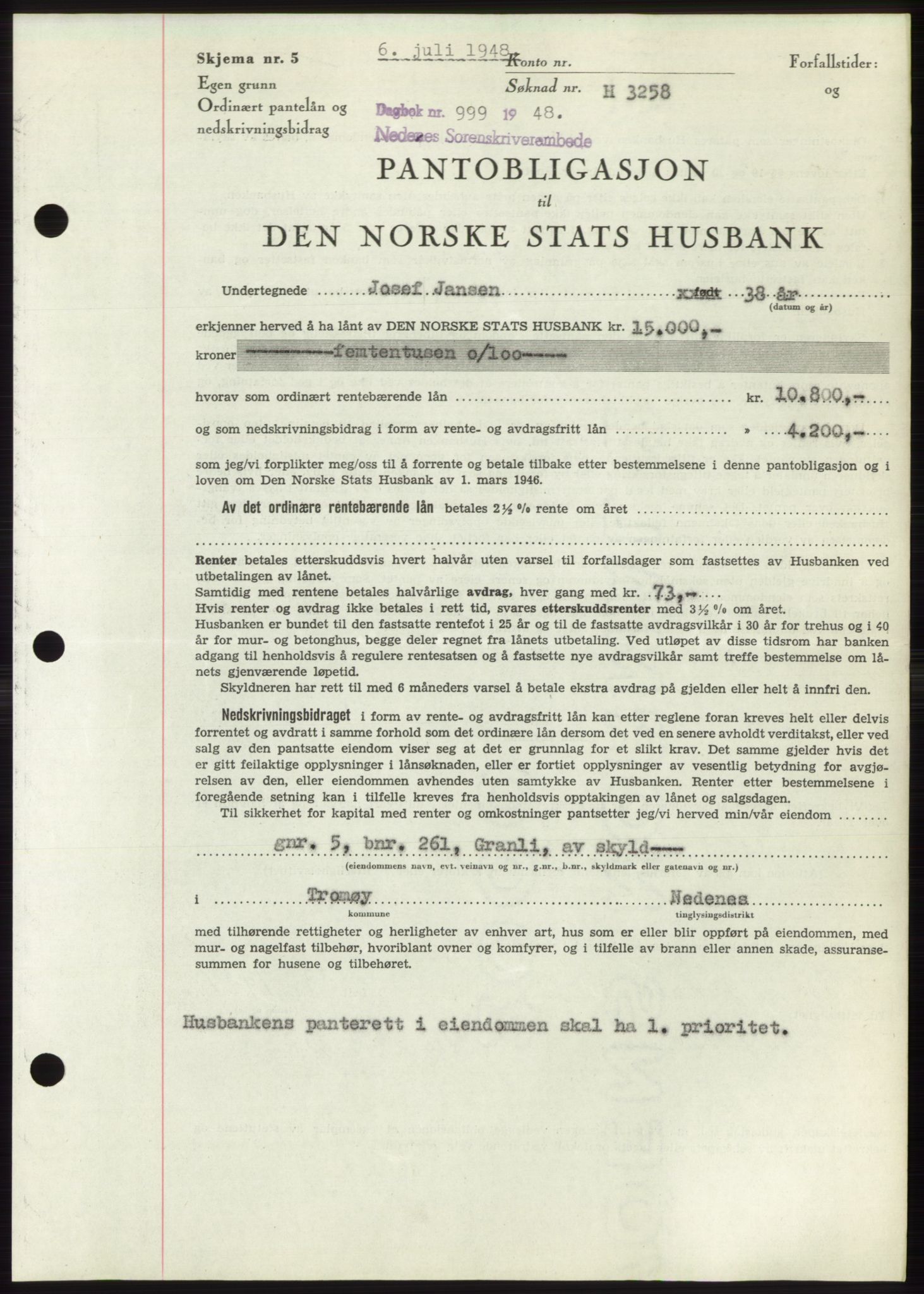 Nedenes sorenskriveri, AV/SAK-1221-0006/G/Gb/Gbb/L0005: Mortgage book no. B5, 1948-1948, Diary no: : 999/1948