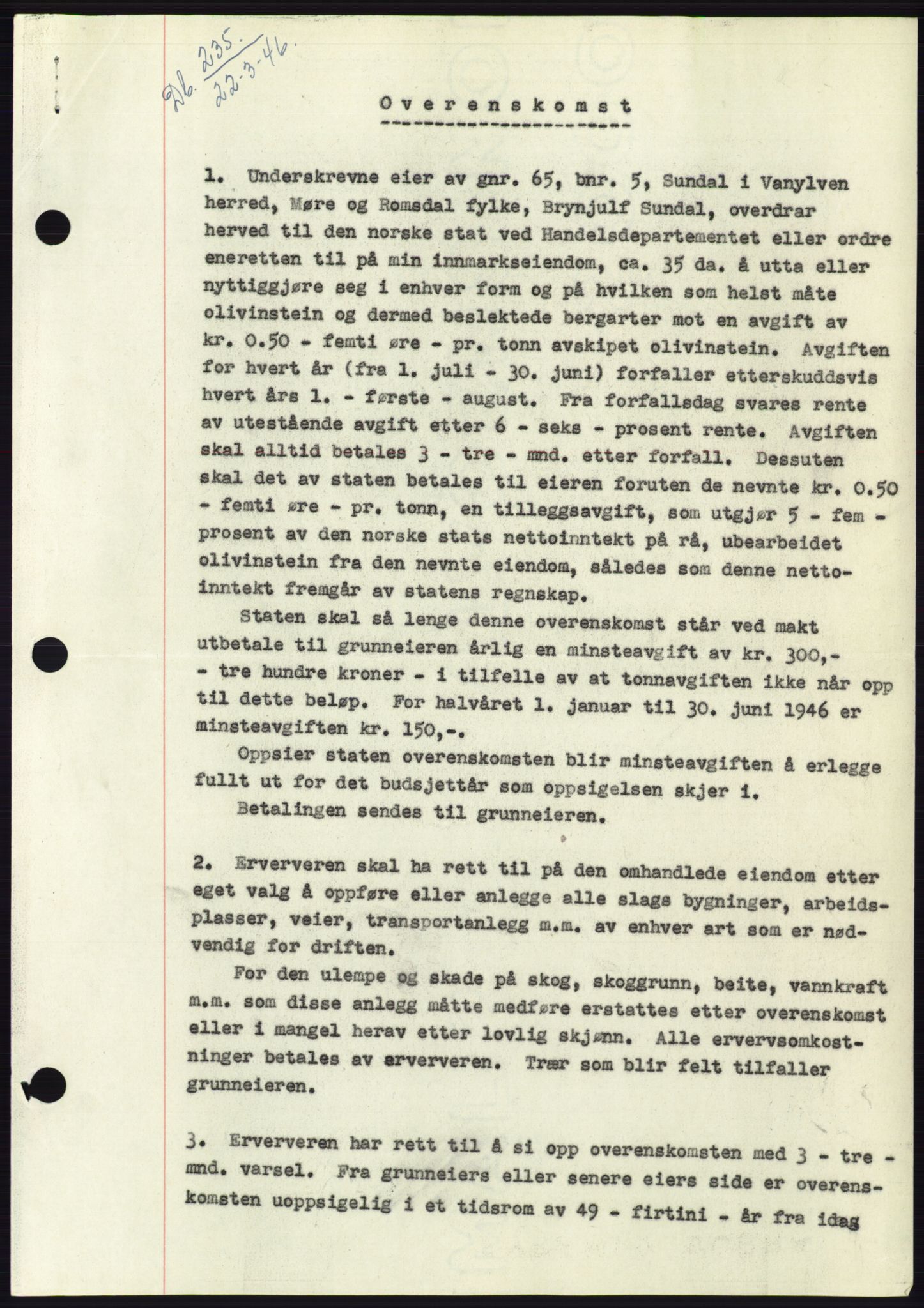 Søre Sunnmøre sorenskriveri, AV/SAT-A-4122/1/2/2C/L0114: Mortgage book no. 1-2B, 1943-1947, Diary no: : 235/1946