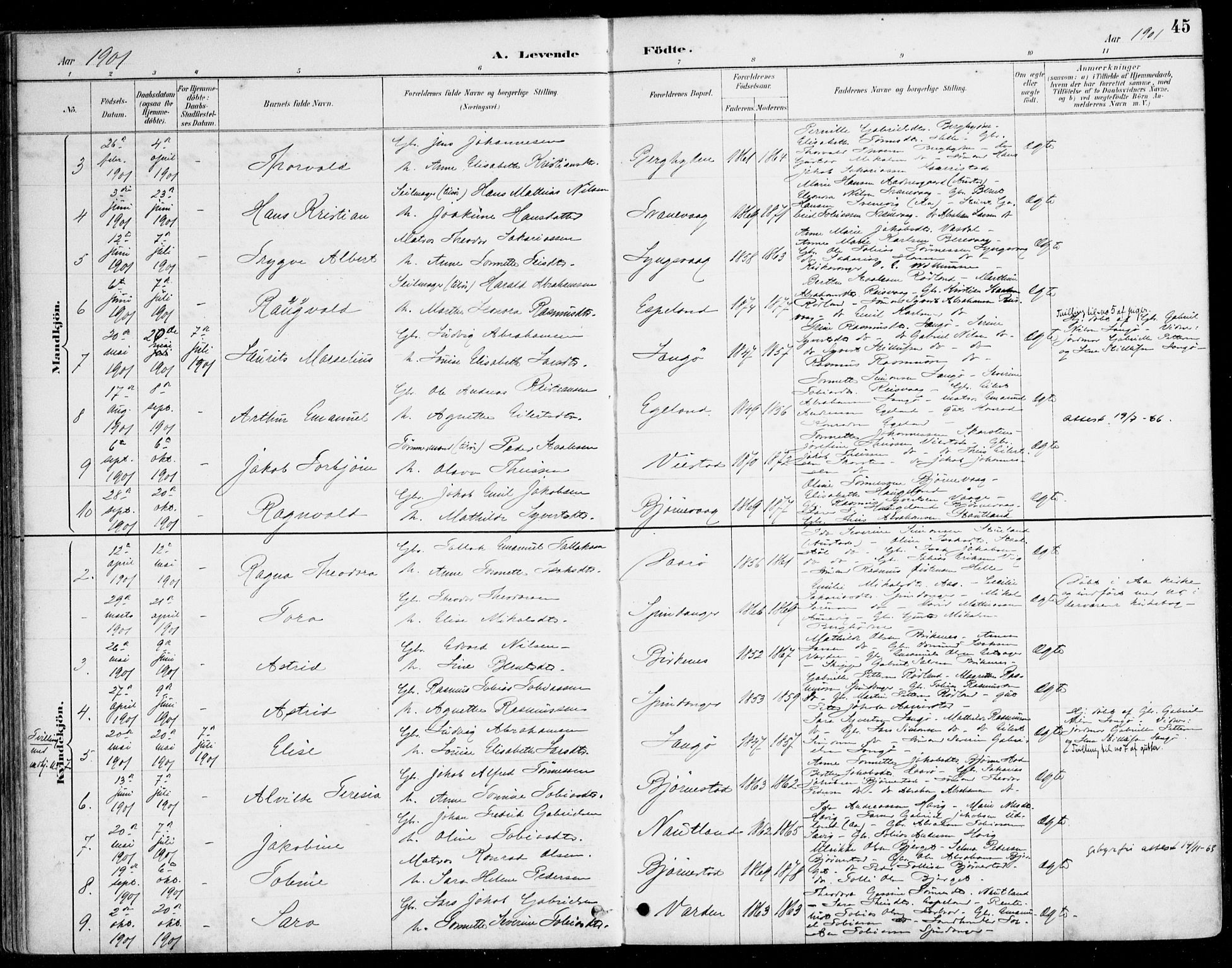 Herad sokneprestkontor, AV/SAK-1111-0018/F/Fa/Fab/L0005: Parish register (official) no. A 5, 1886-1913, p. 45