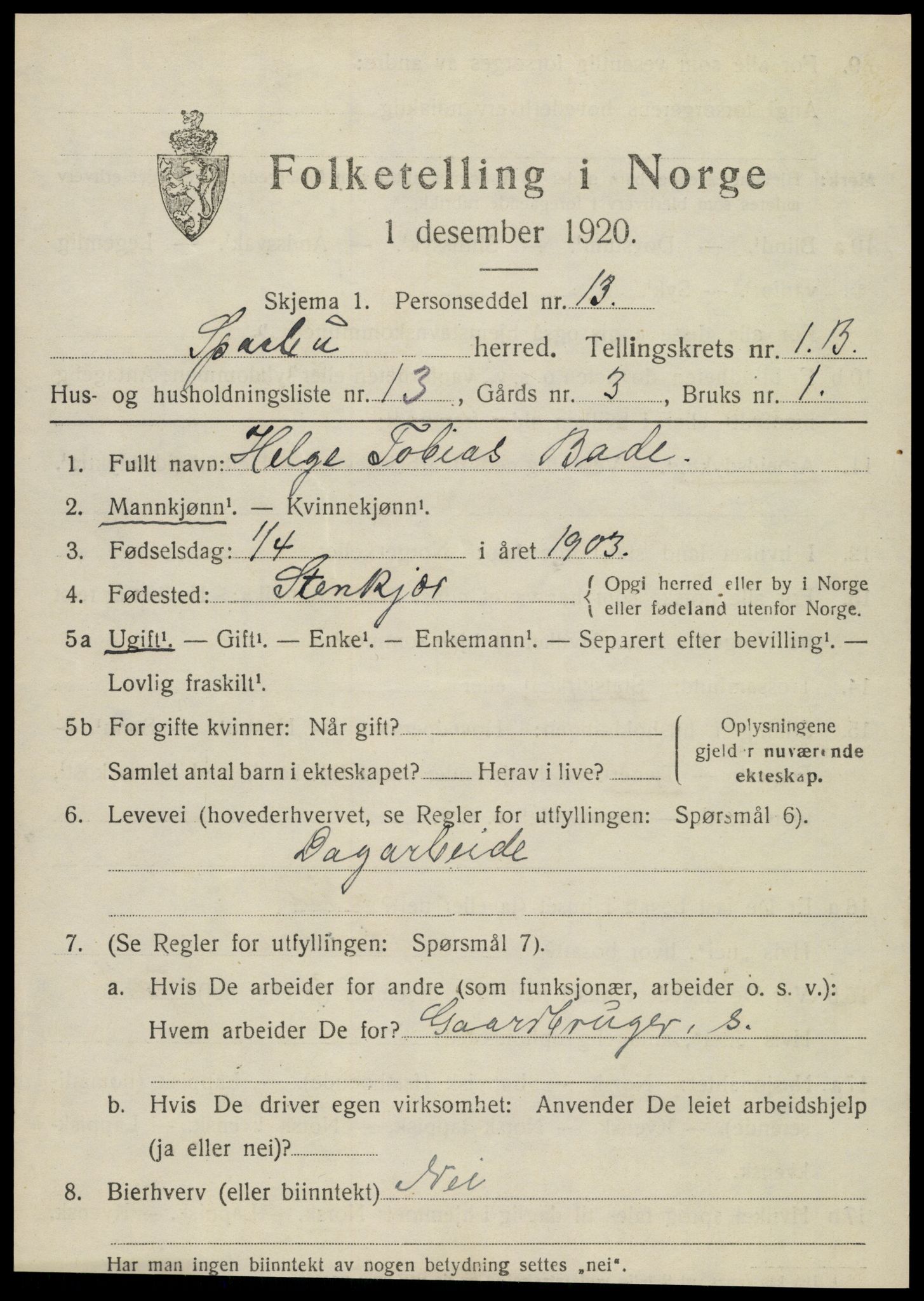 SAT, 1920 census for Sparbu, 1920, p. 2093