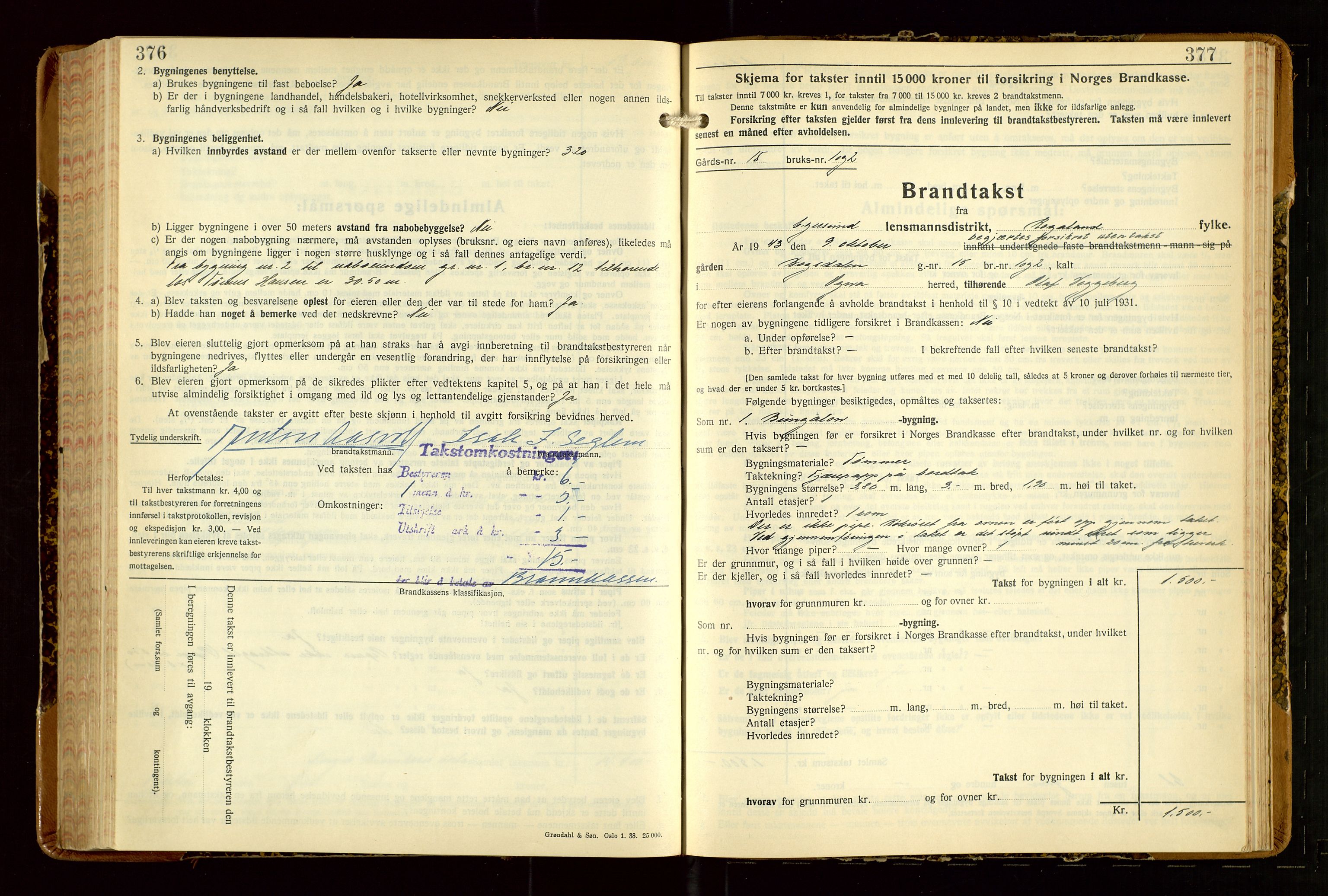 Eigersund lensmannskontor, AV/SAST-A-100171/Gob/L0007: "Brandtakstprotokoll", 1938-1955, p. 376-377