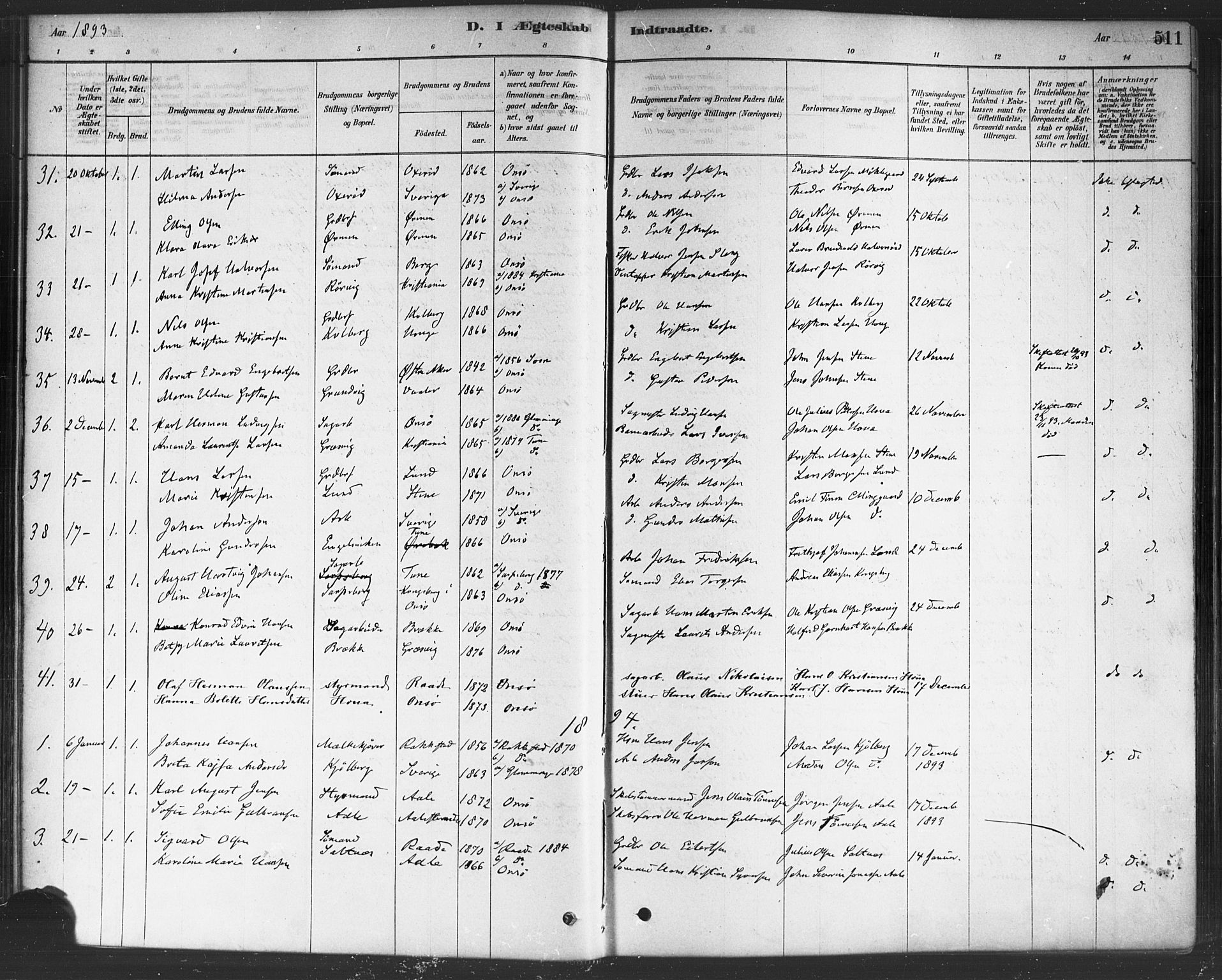 Onsøy prestekontor Kirkebøker, SAO/A-10914/F/Fa/L0006: Parish register (official) no. I 6, 1878-1898, p. 511