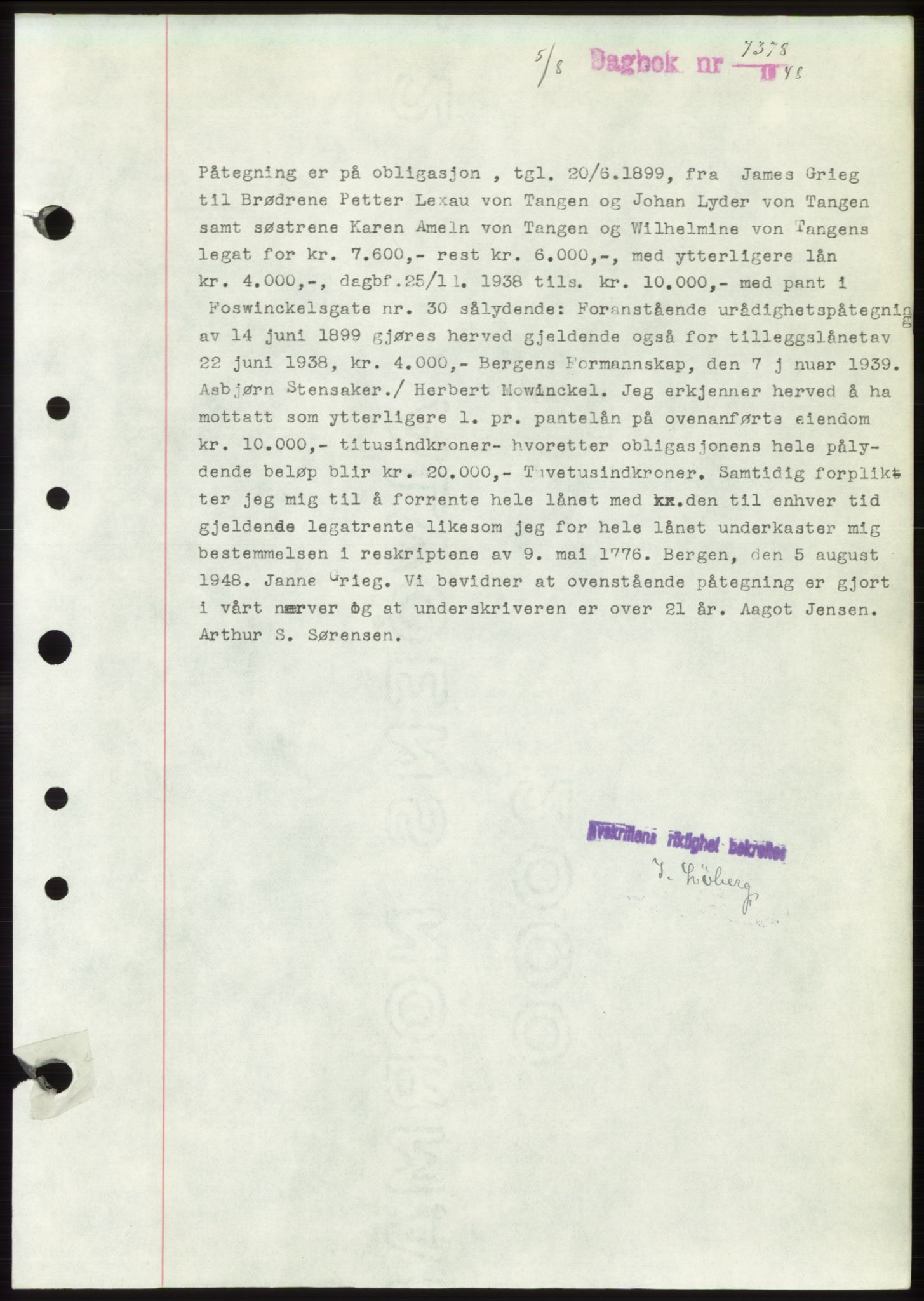 Byfogd og Byskriver i Bergen, AV/SAB-A-3401/03/03Bd/L0003: Mortgage book no. B29-39, 1947-1950, Diary no: : 7378/1948