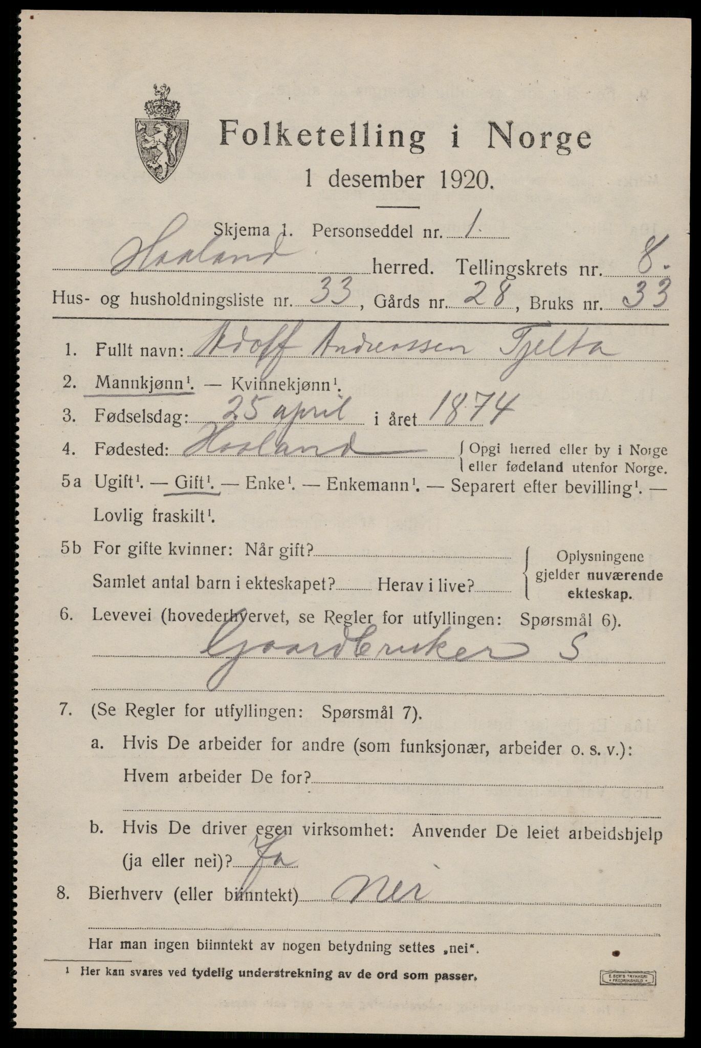 SAST, 1920 census for Håland, 1920, p. 6723