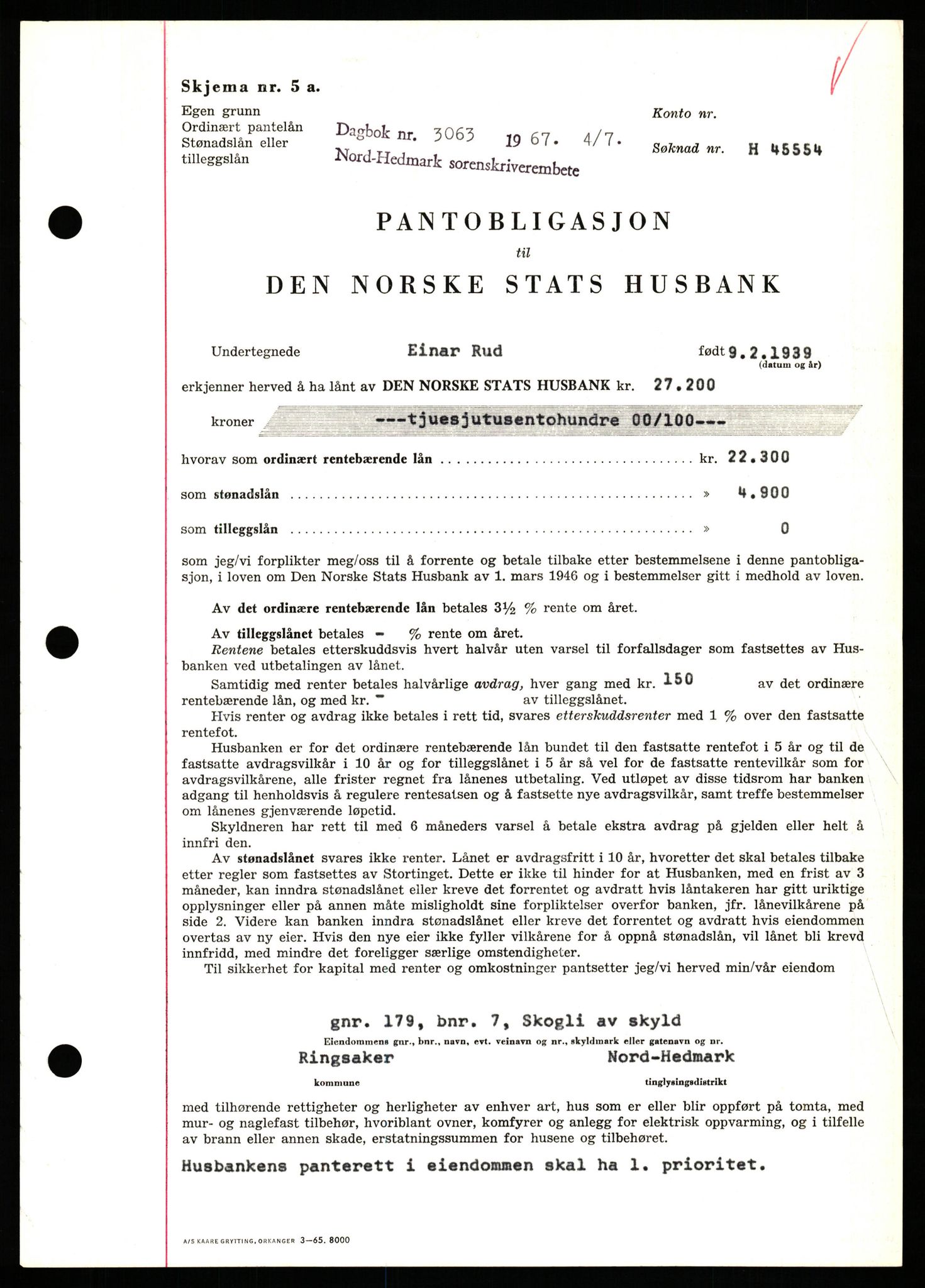 Nord-Hedmark sorenskriveri, SAH/TING-012/H/Hb/Hbf/L0071: Mortgage book no. B71, 1967-1967, Diary no: : 3063/1967