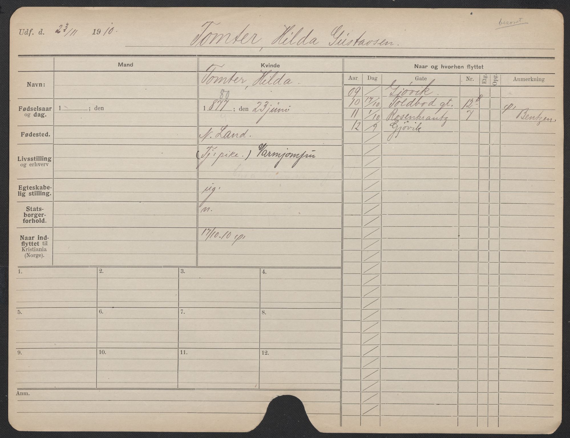 Oslo folkeregister, Registerkort, AV/SAO-A-11715/F/Fa/Fac/L0024: Kvinner, 1906-1914, p. 1200a