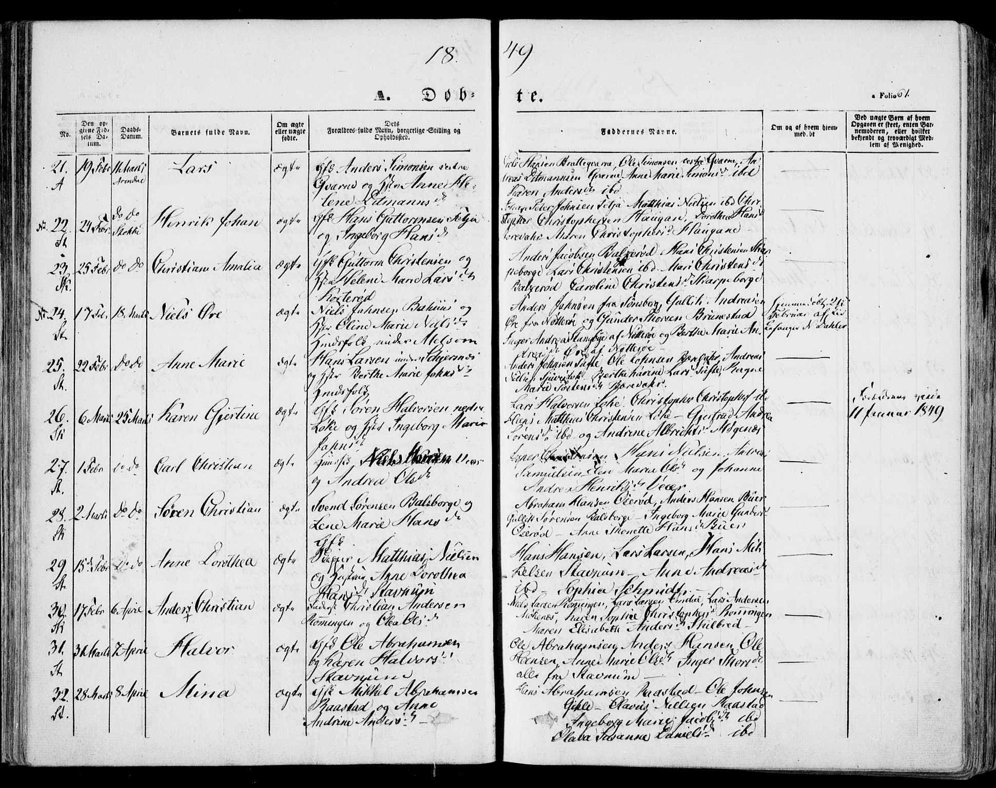 Stokke kirkebøker, AV/SAKO-A-320/F/Fa/L0007: Parish register (official) no. I 7, 1844-1857, p. 61