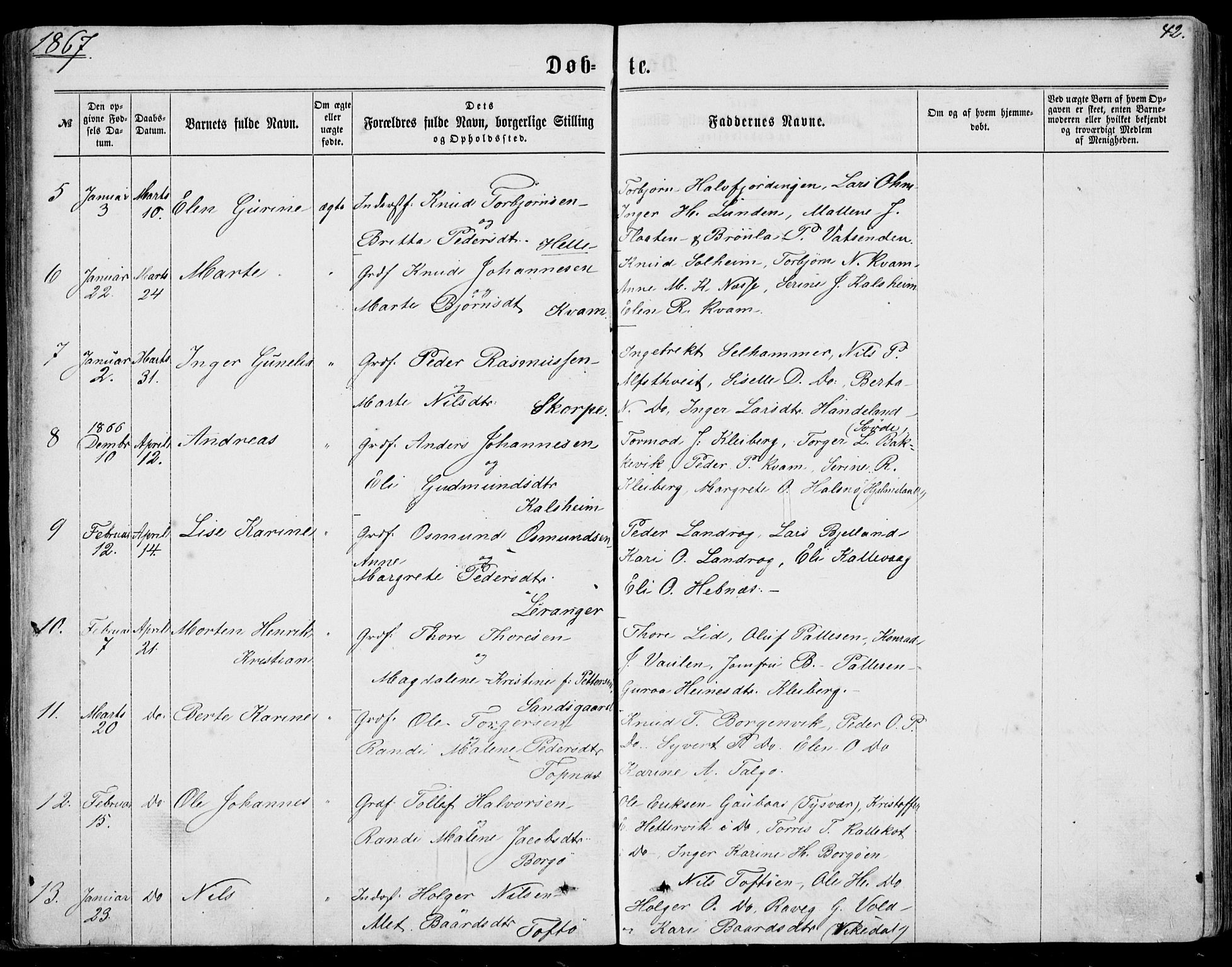 Nedstrand sokneprestkontor, AV/SAST-A-101841/01/IV: Parish register (official) no. A 9, 1861-1876, p. 42