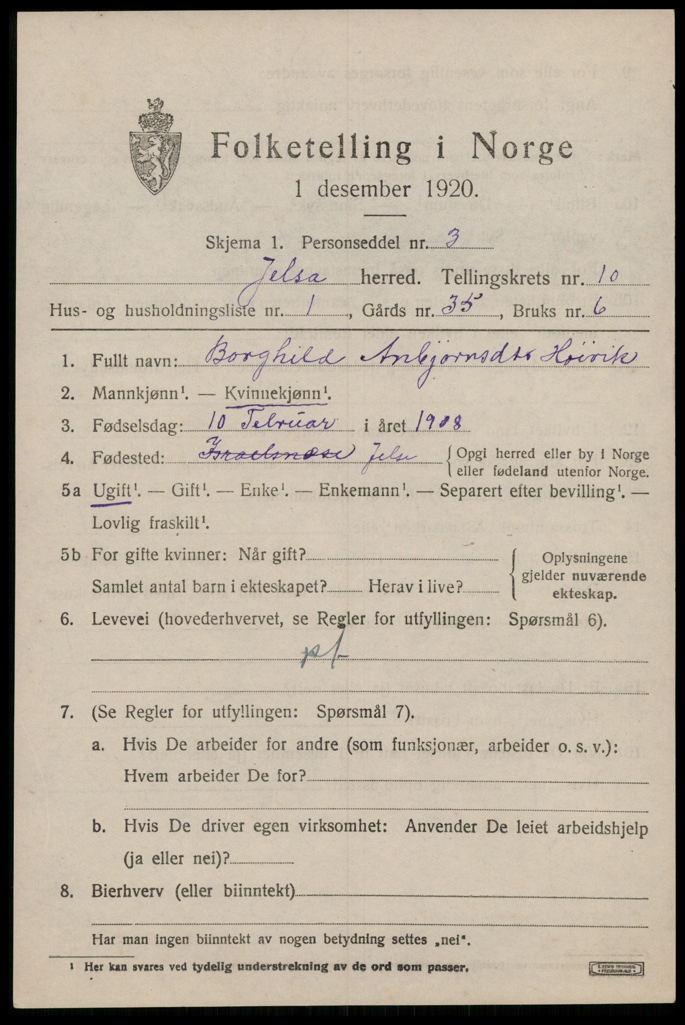 SAST, 1920 census for Jelsa, 1920, p. 2606